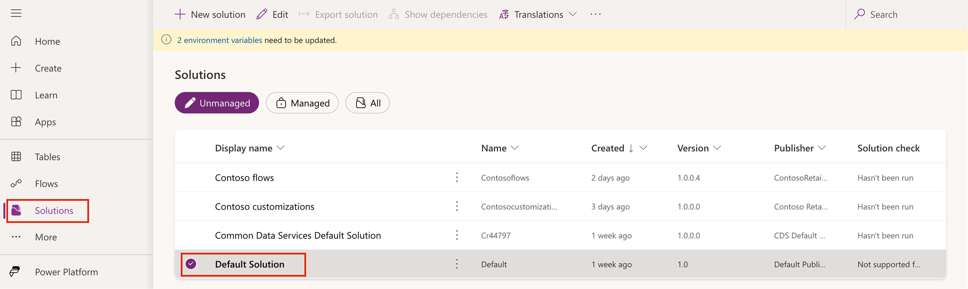 Screenshot of Power Apps Solutions showing the Default Solution.