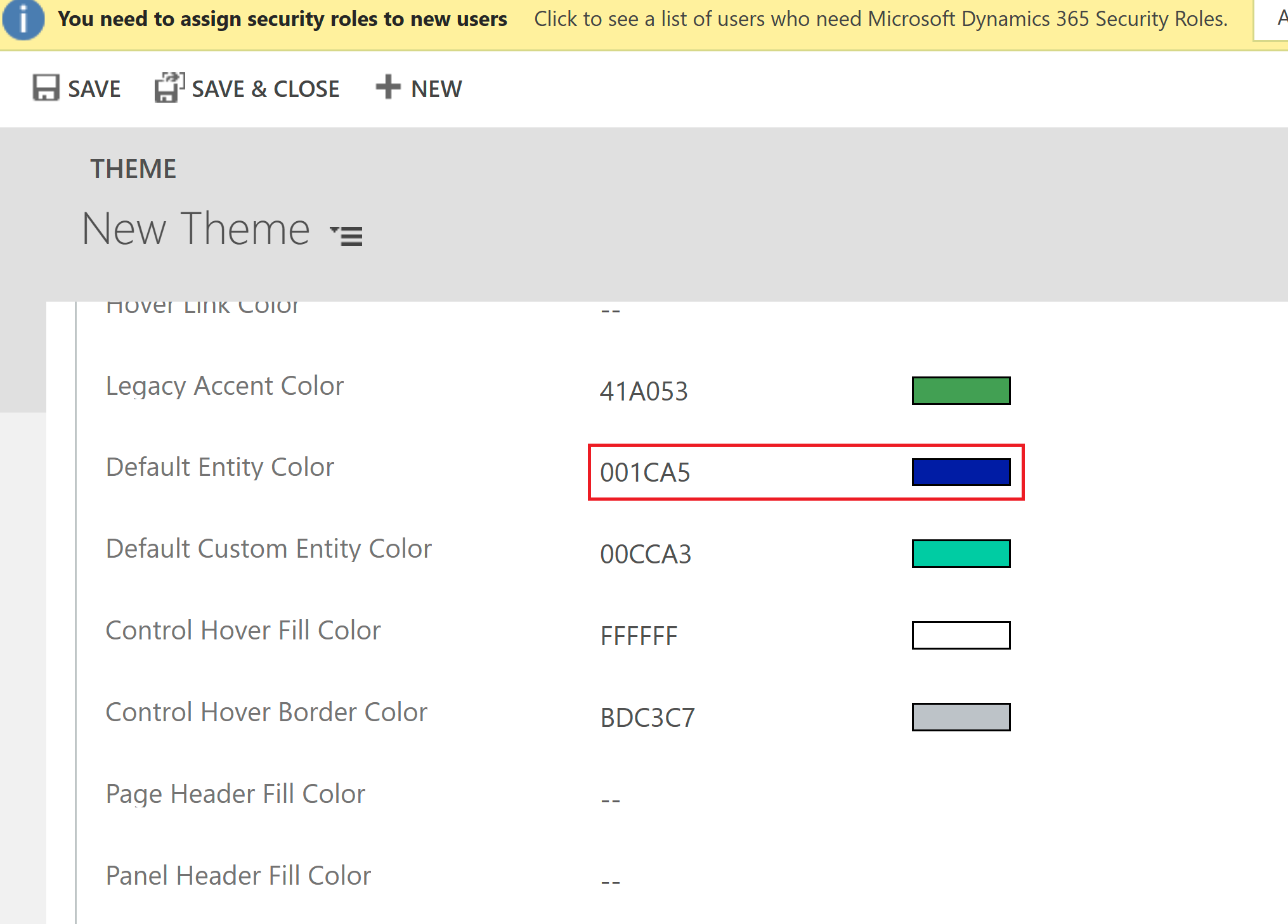 Screenshot of the New Theme form with focus on the Default Entity Color entry.