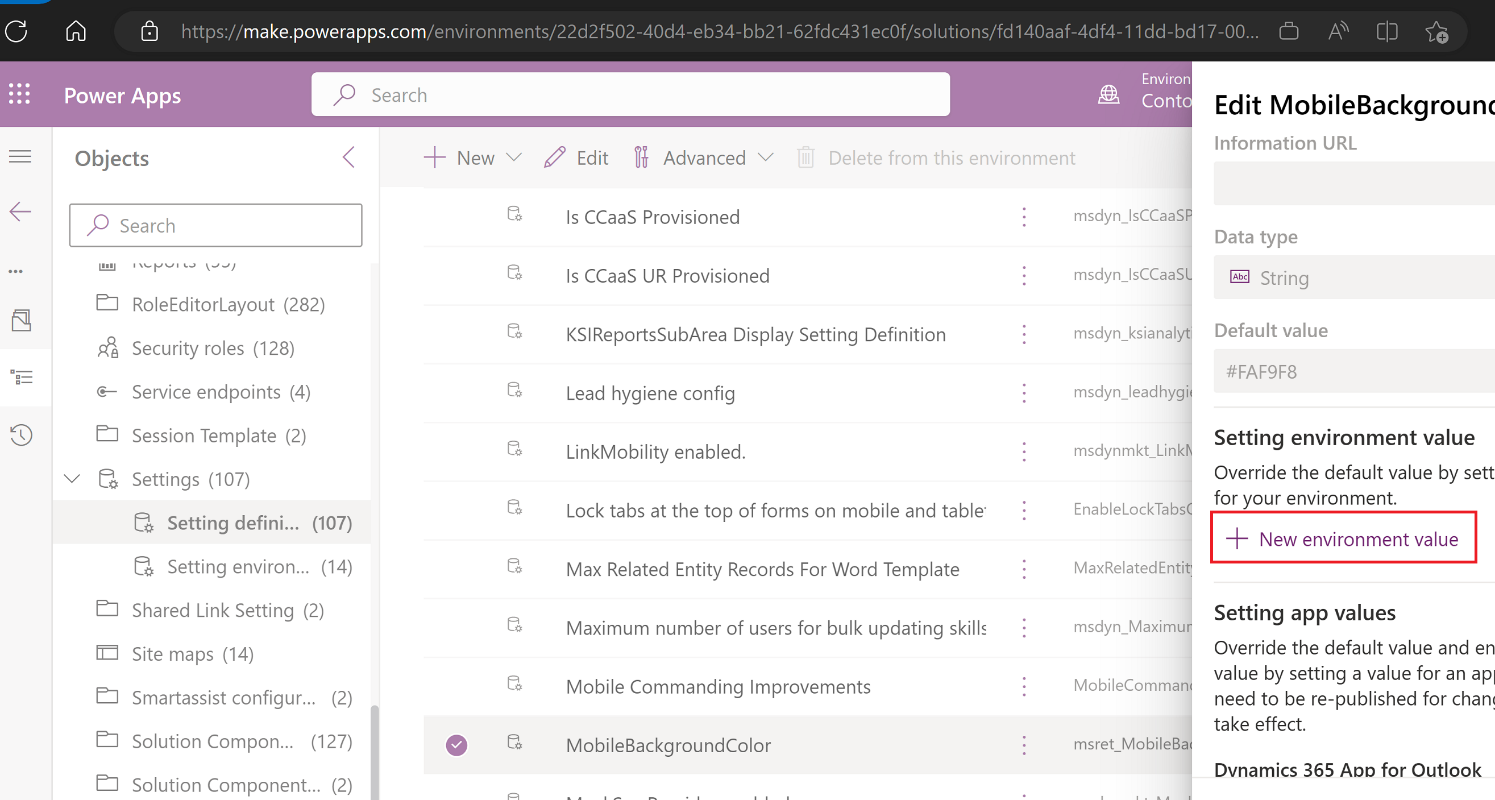 Screenshot of the Setting definitions page in Power Apps with Edit Mobile Background expanded and focus on the New environment value option.