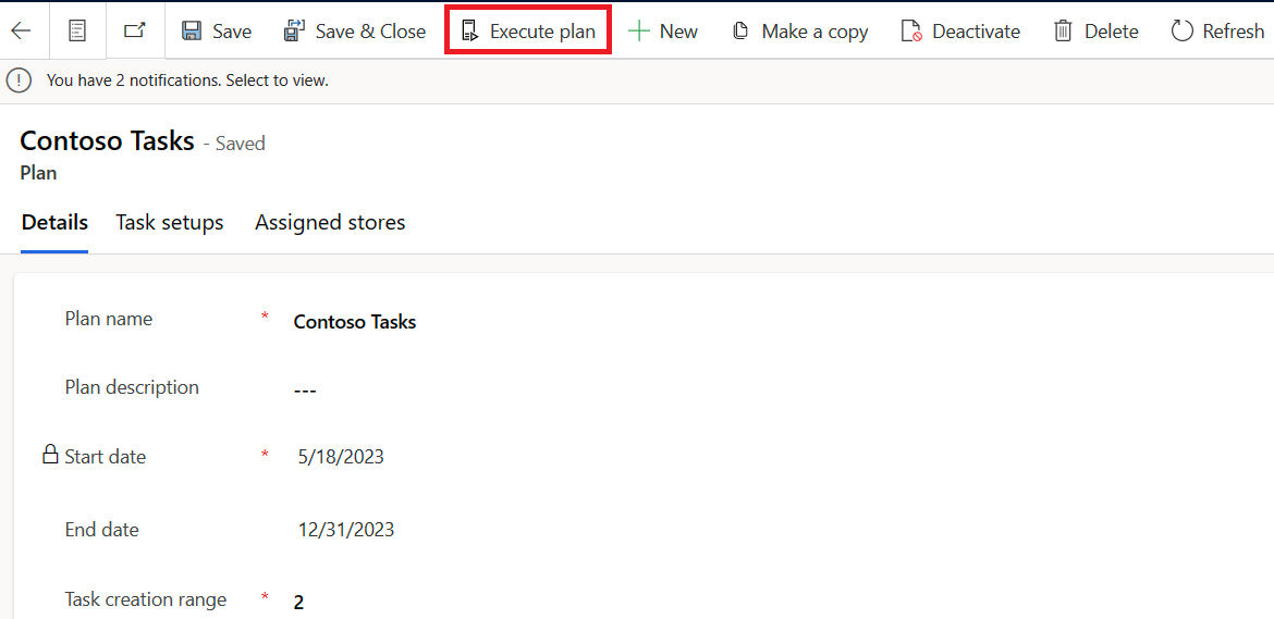 Screenshot of Contoso Tasks with focus on the Execute plan button.