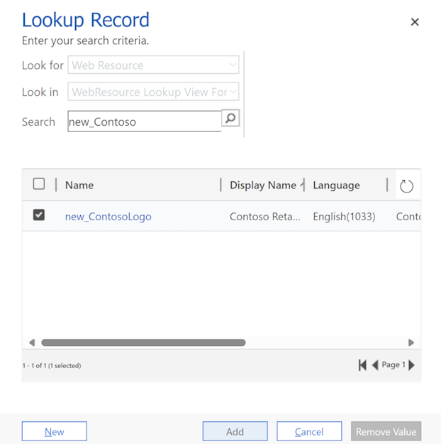 Screenshot of the Lookup Record dialog, showing search results for new contoso.