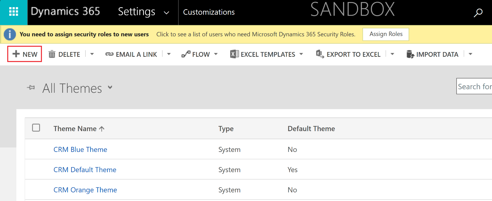 Screenshot of the All Themes screen with focus on the New button.