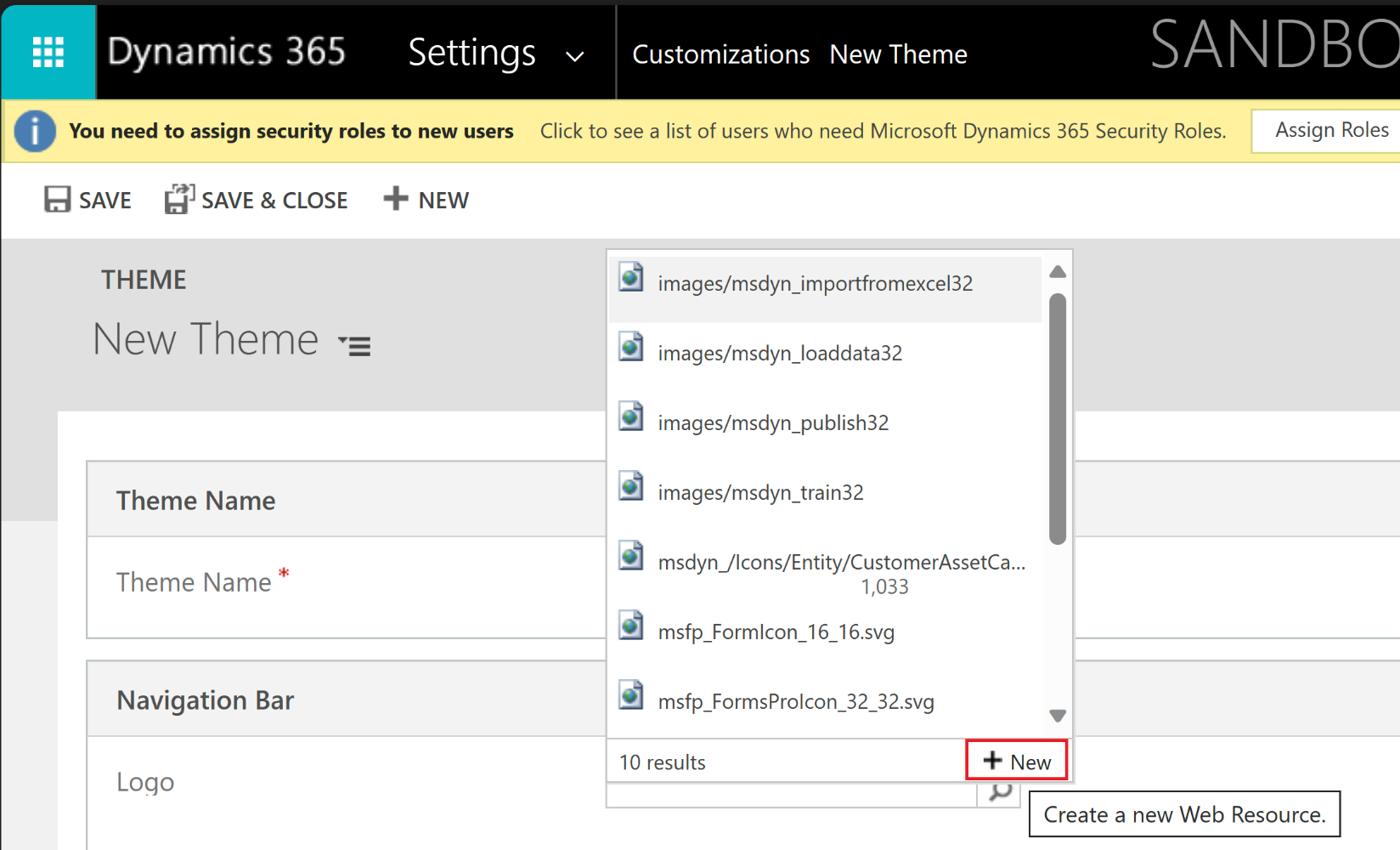 Screenshot of the New Theme form in Dynamics 365, showing the Logo field expanded to show 10 results with focus on the New button.