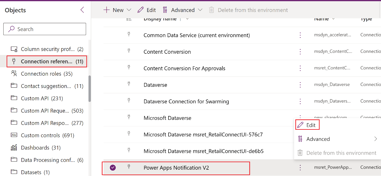 Screenshot of Connection references with focus on the Power Apps Notification V 2 connector.
