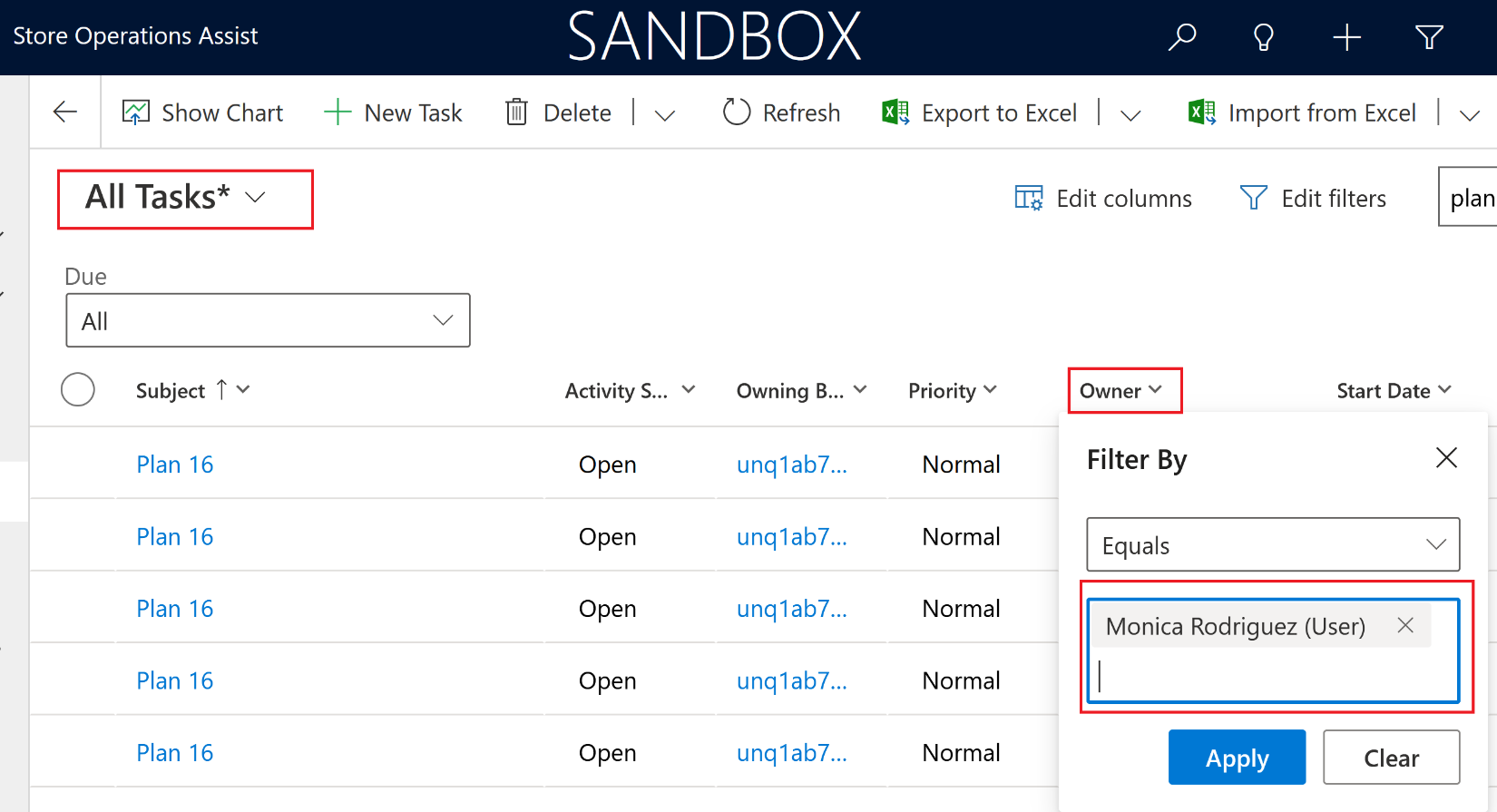 Screenshot of Store operations with focus on All tasks and Owner.