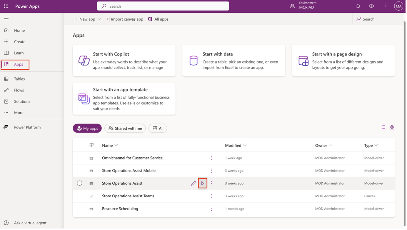 Screenshot of Power Apps with play button highlighted near Store operations.