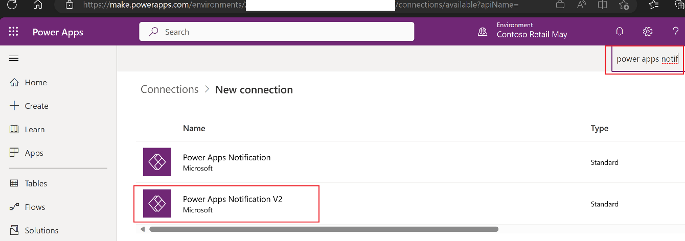 Screenshot of New connection with focus on Power Apps Notification V 2.