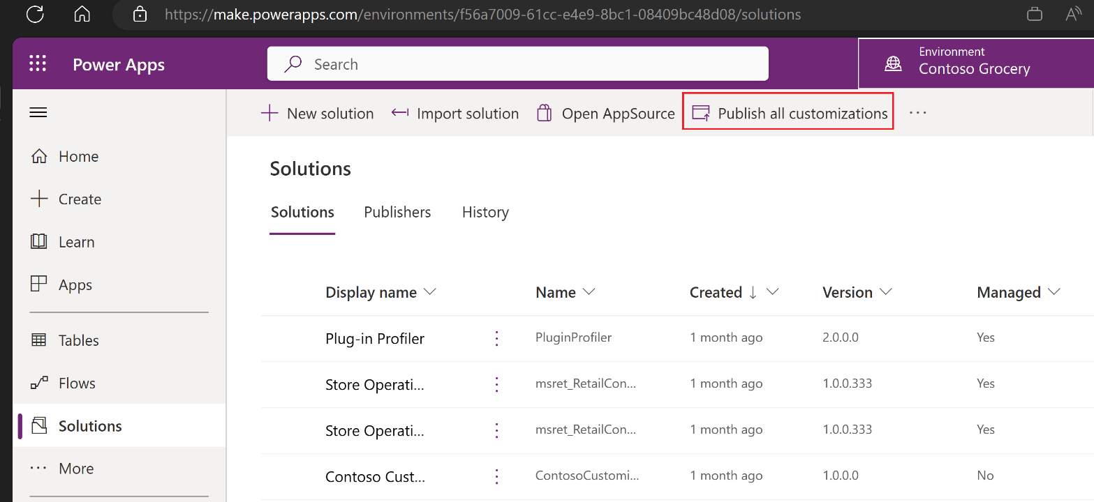 Screenshot of Power Apps with focus on the Publish all customizations option.