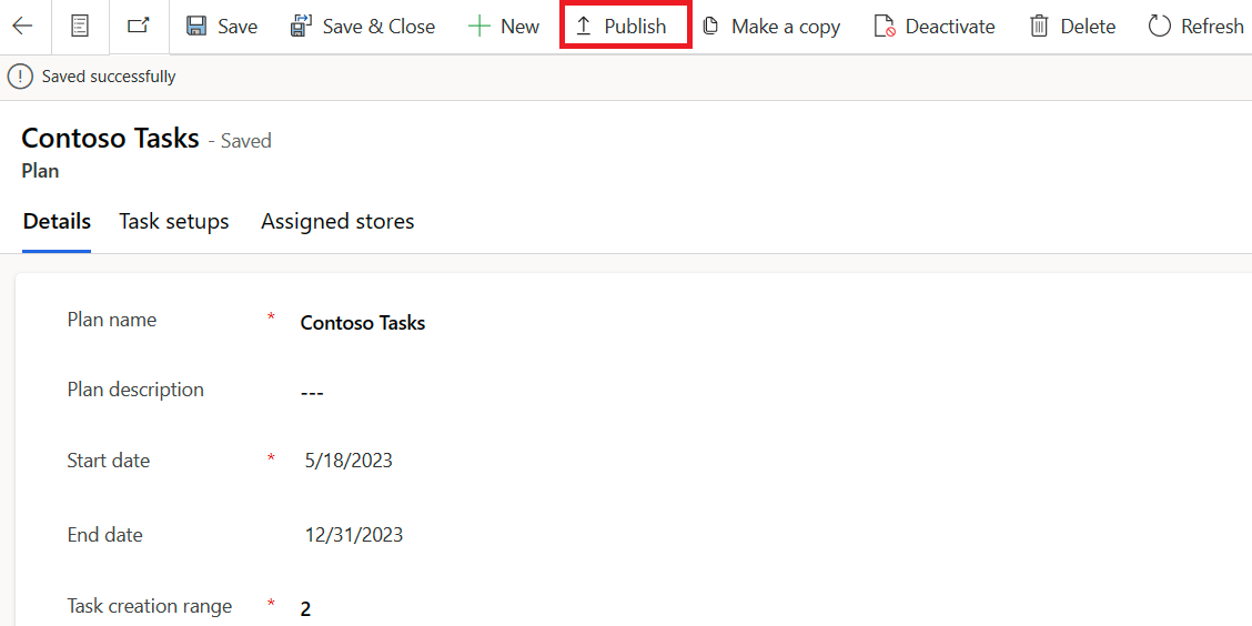 Screenshot of Contoso Tasks with focus on the Publish button.