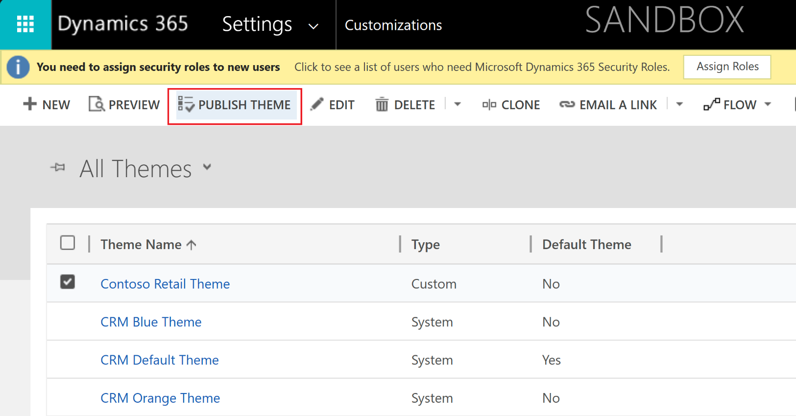 Screenshot of Dynamics 365 Settings with focus on the Publish Theme button.