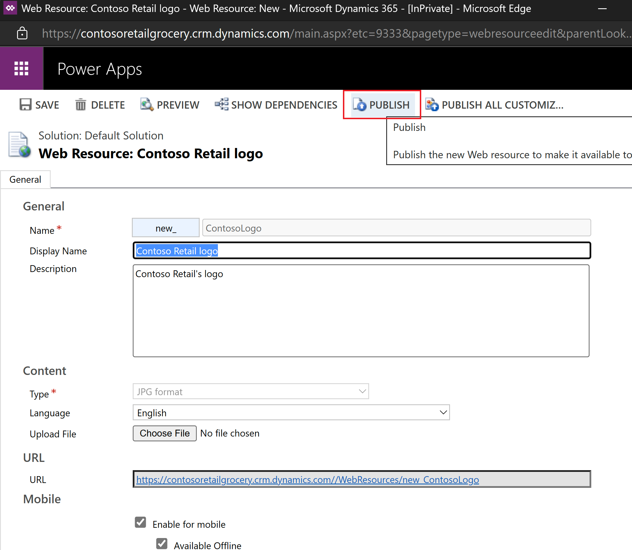 Screenshot of the Web Resource: Contoso Retail logo page in Power Apps with focus on the Publish button.
