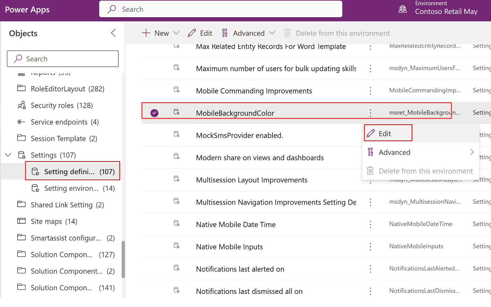 Screenshot of Power Apps on the Setting definitions page.