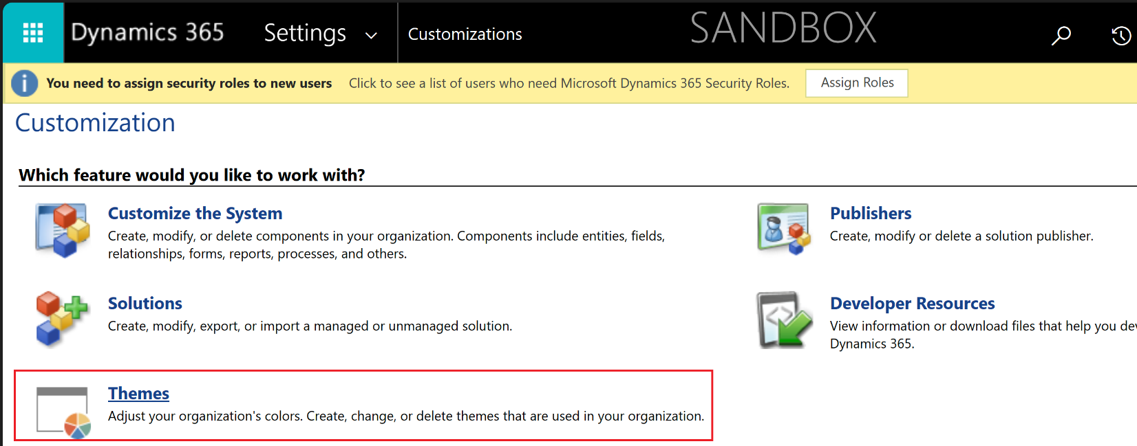 Screenshot of the Customization screen showing the Themes option selected as the feature to work with.