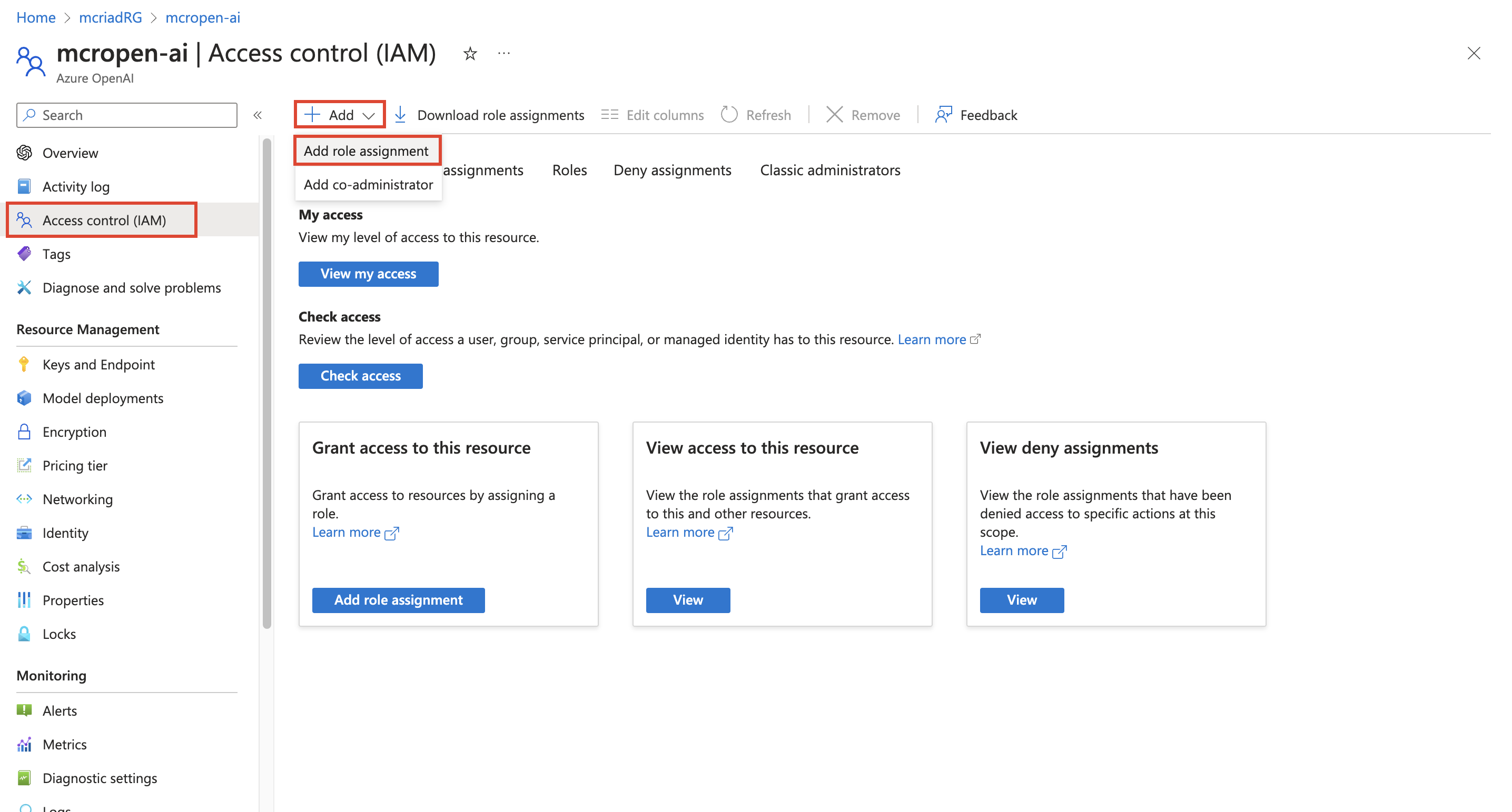 Screenshot of the Add role assignment button.