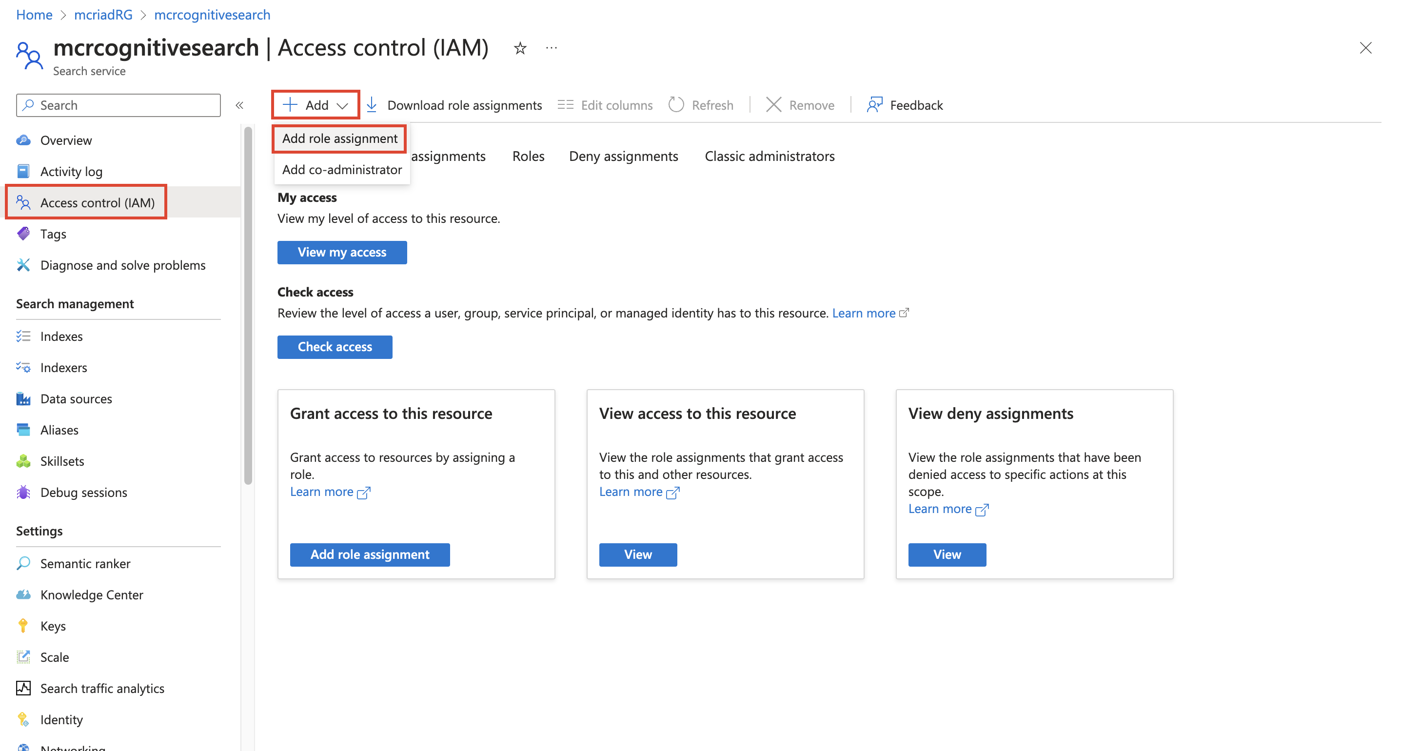 Screenshot of the Add role assignment option selected.