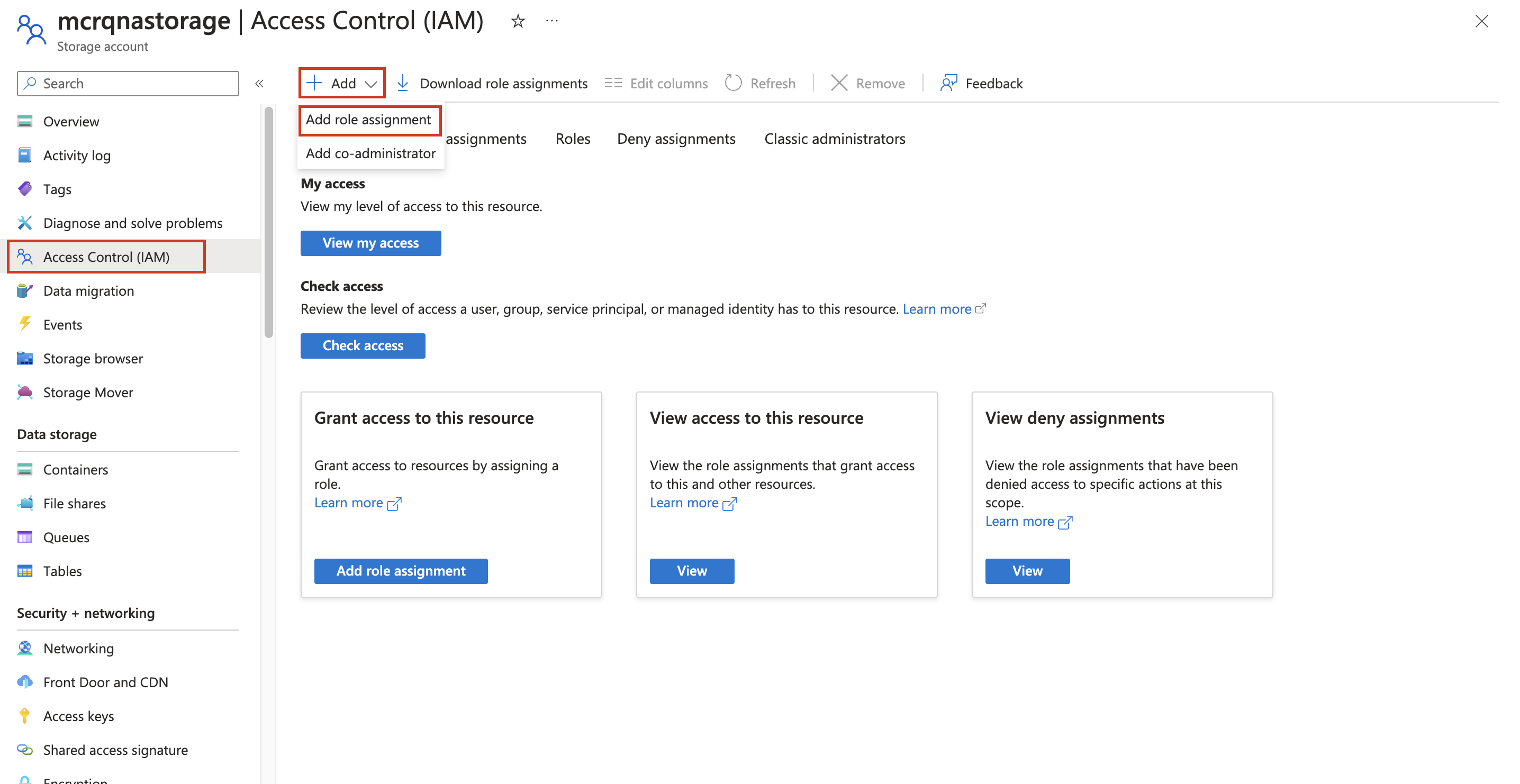 Screenshot of adding the role for storage resource.