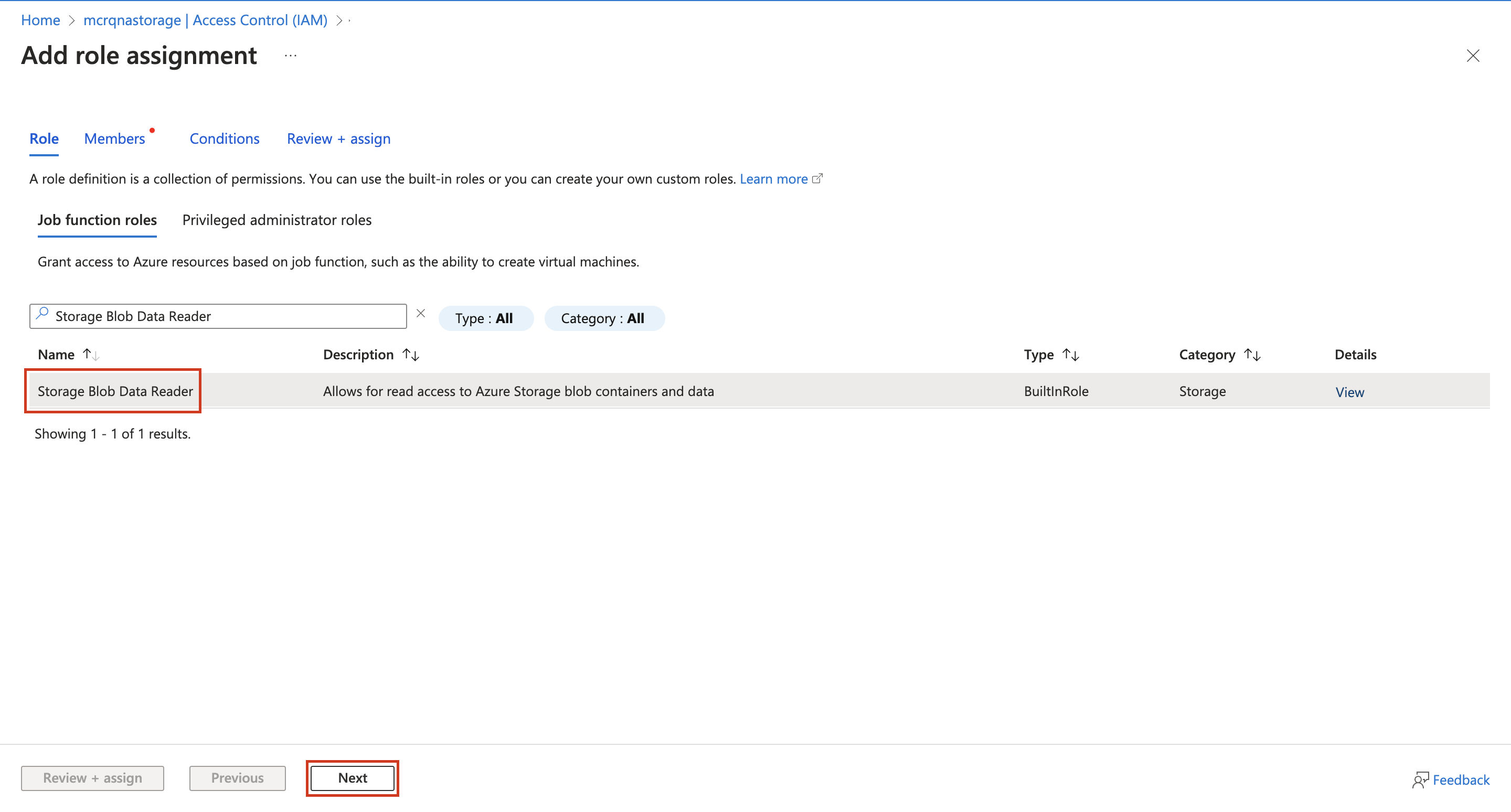 Screenshot of adding the Storage Blob Data Reader role.