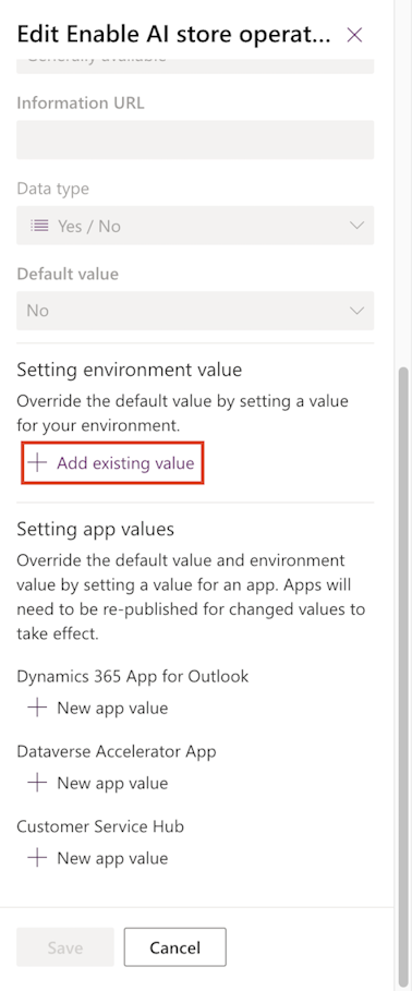 Screenshot of the Add existing value button.