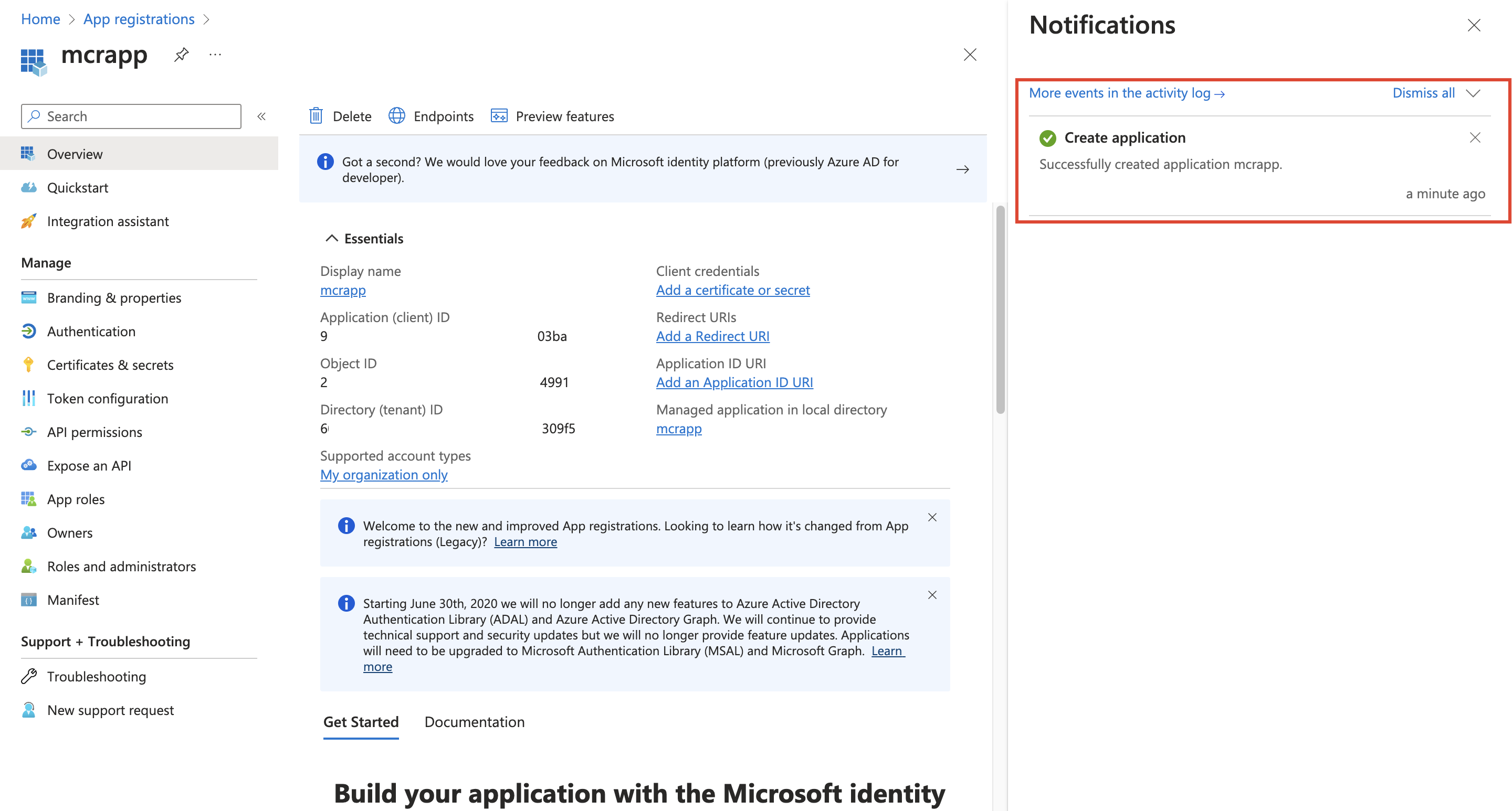 Screenshot of the app registration success message.