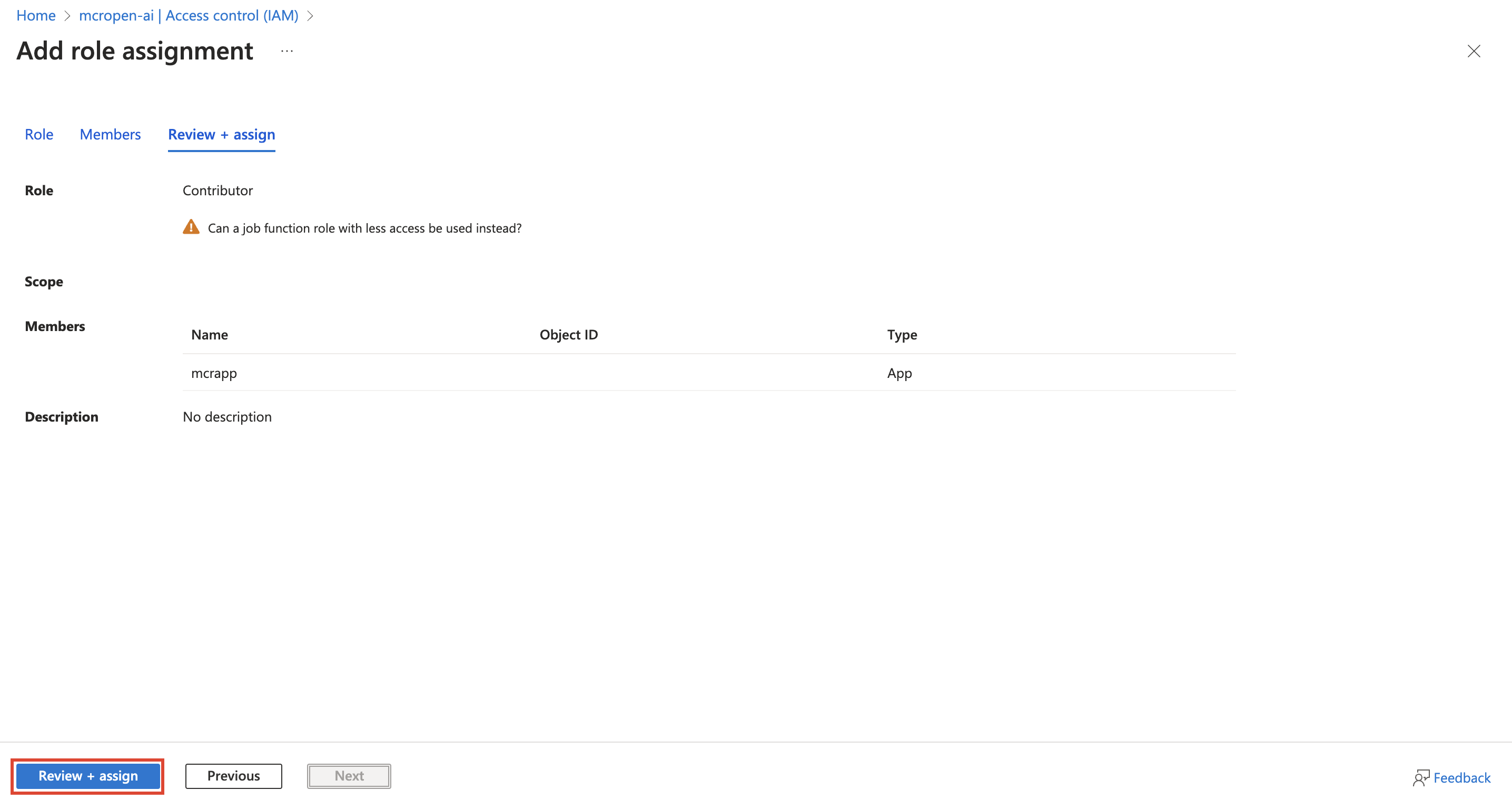 Screenshot of the Review and assign tab.
