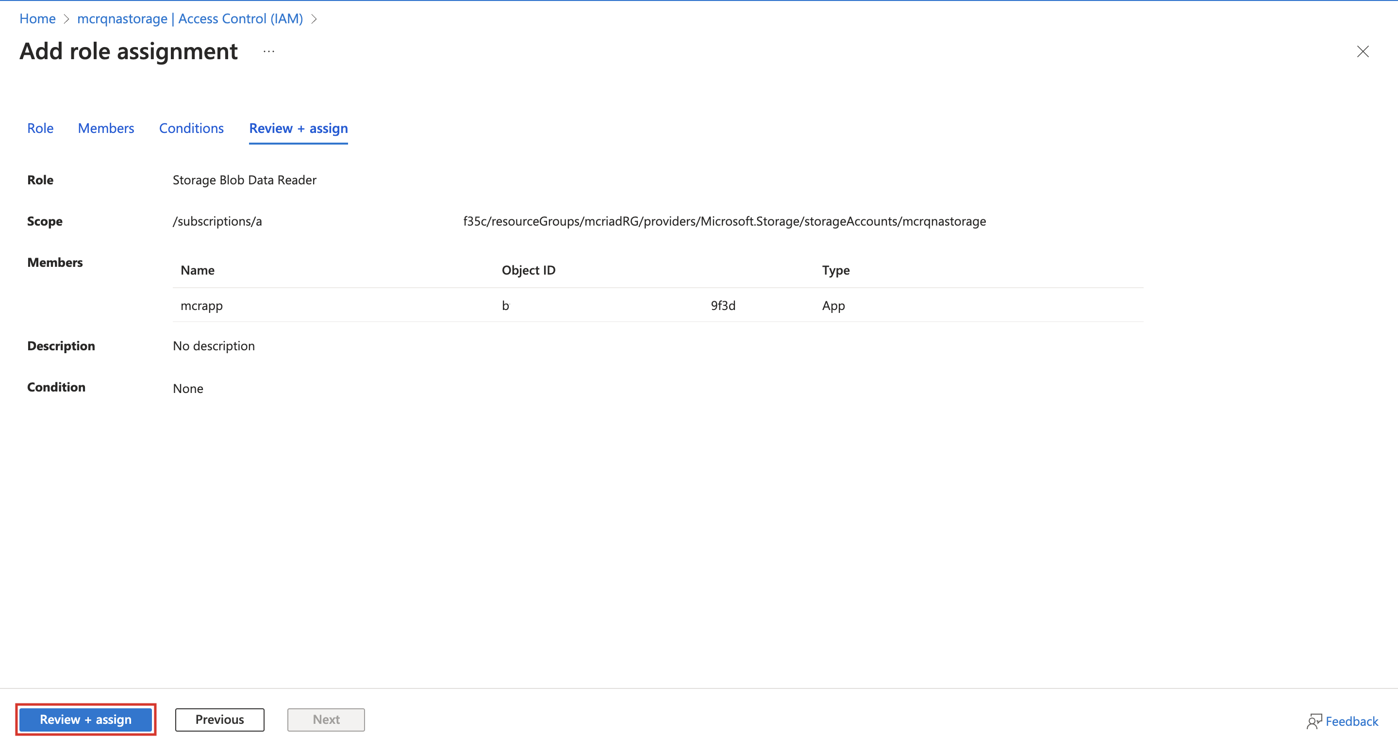 Screenshot of the Review and assign option to assign the Storage Blob Data Reader role.