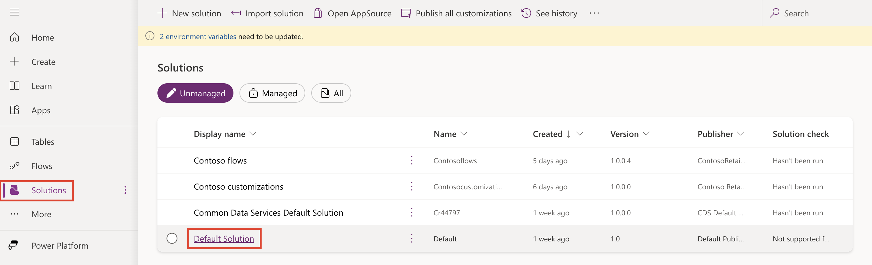 Screenshot of the Default Solution option selected.