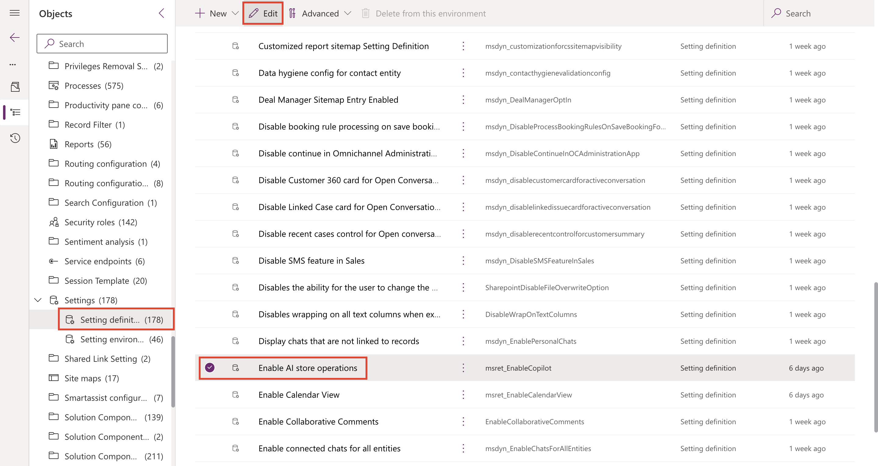 Screenshot of the edit setting definitions screen.