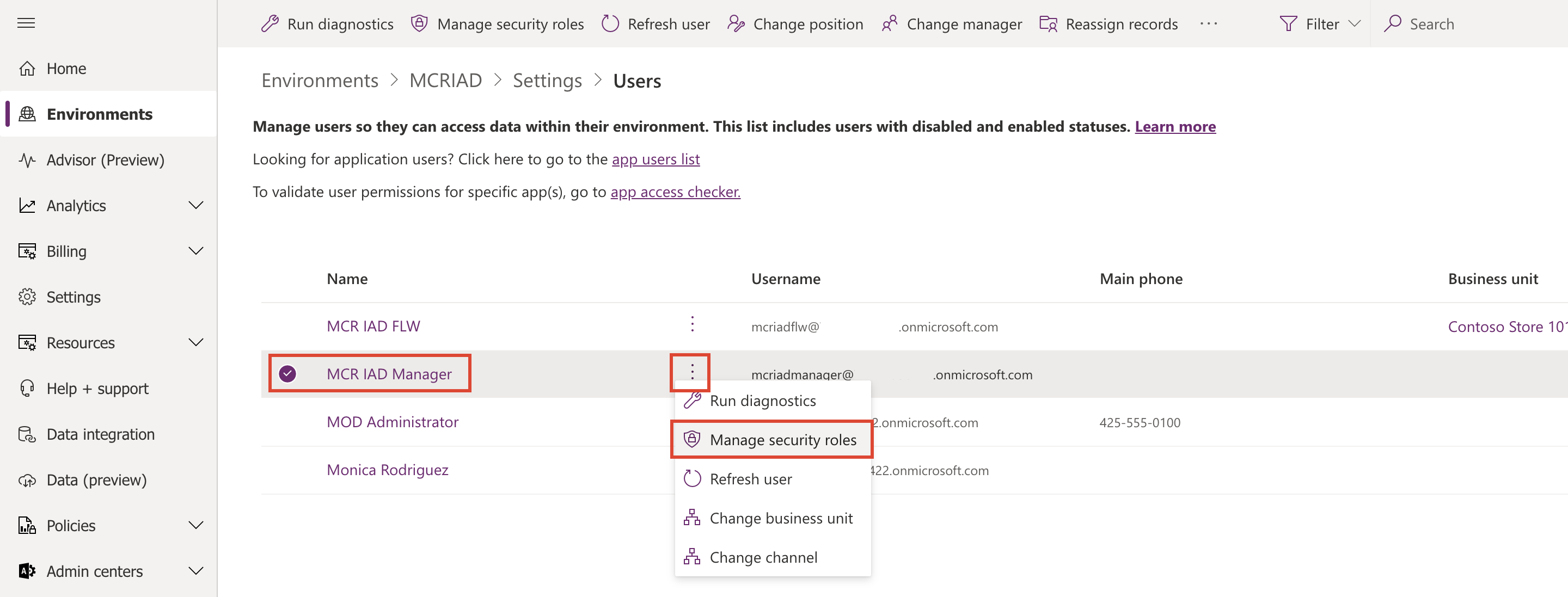 Screenshot of the manager role with Manage security roles selected.
