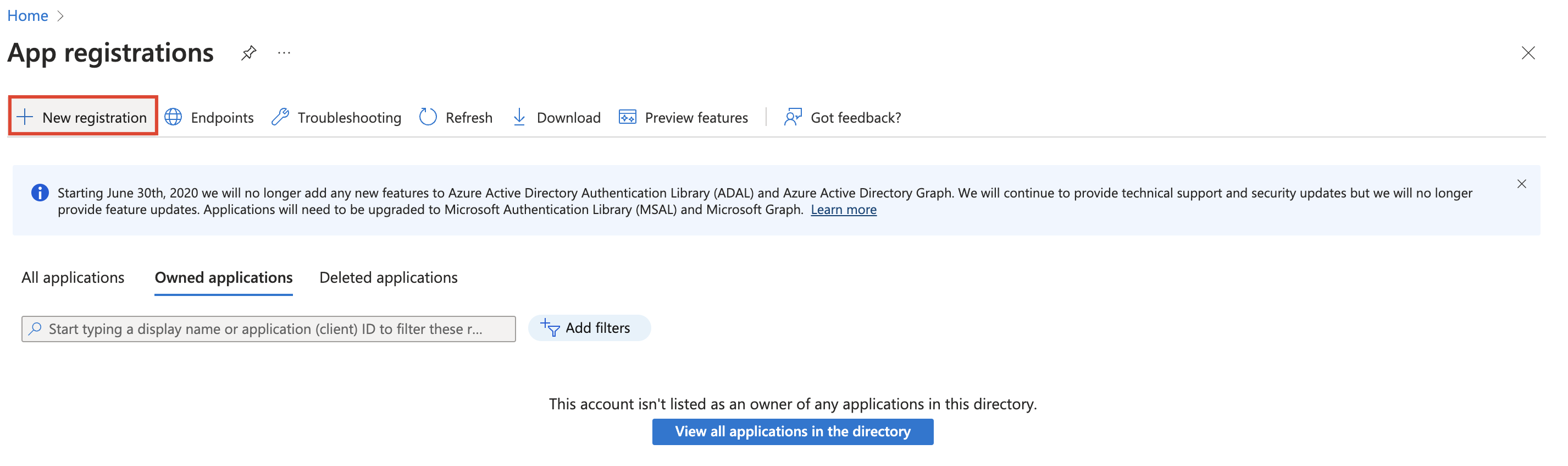Screenshot of the New registration option.
