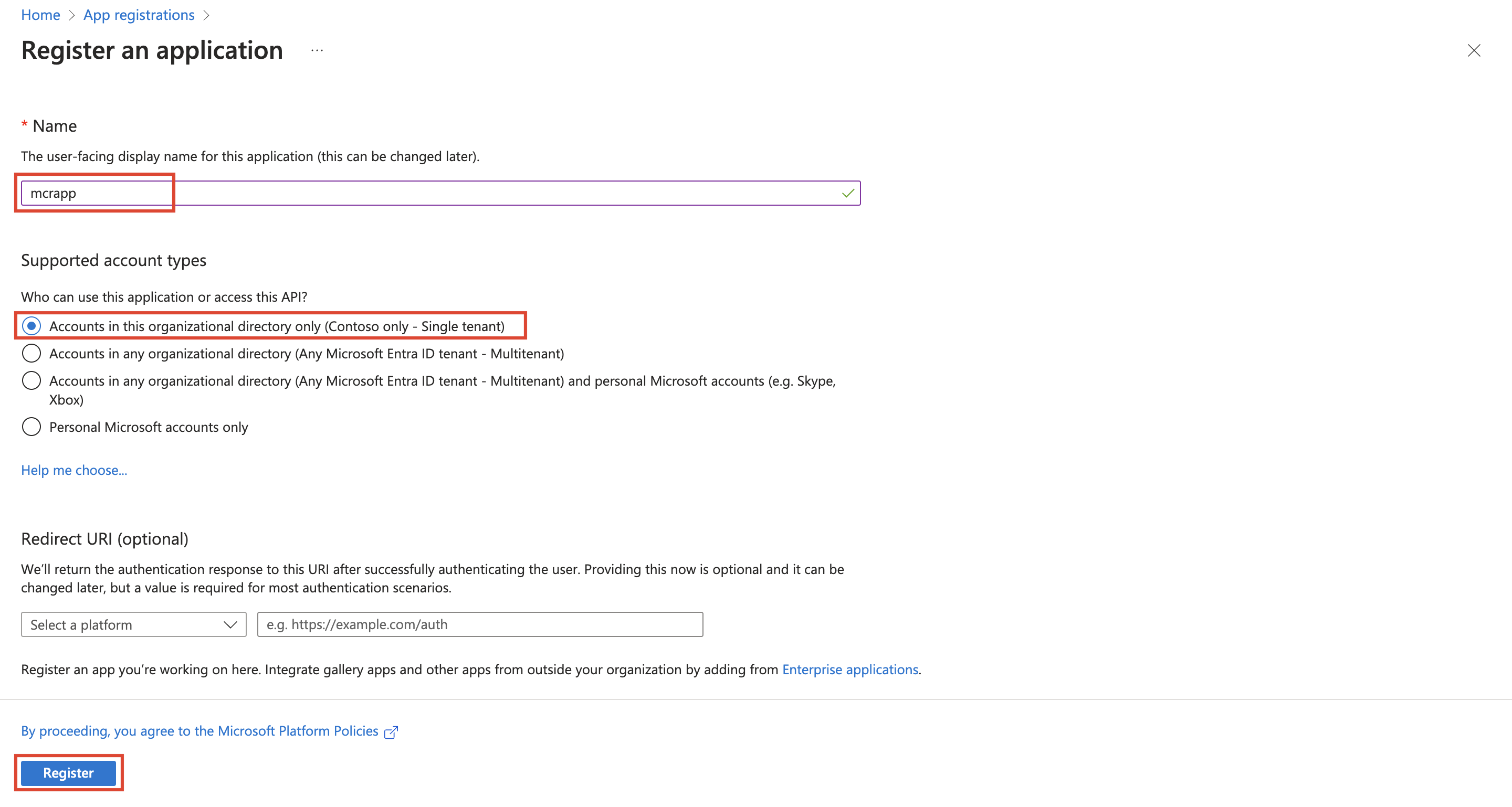 Screenshot of the register an application details.