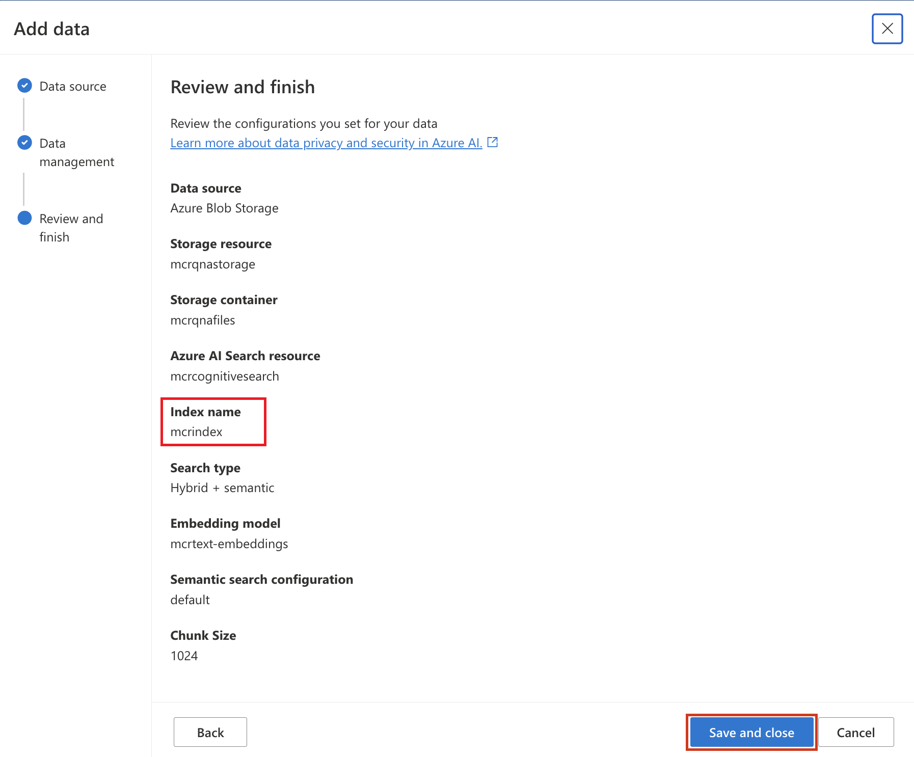 Screenshot of the Review and finish workflow details.