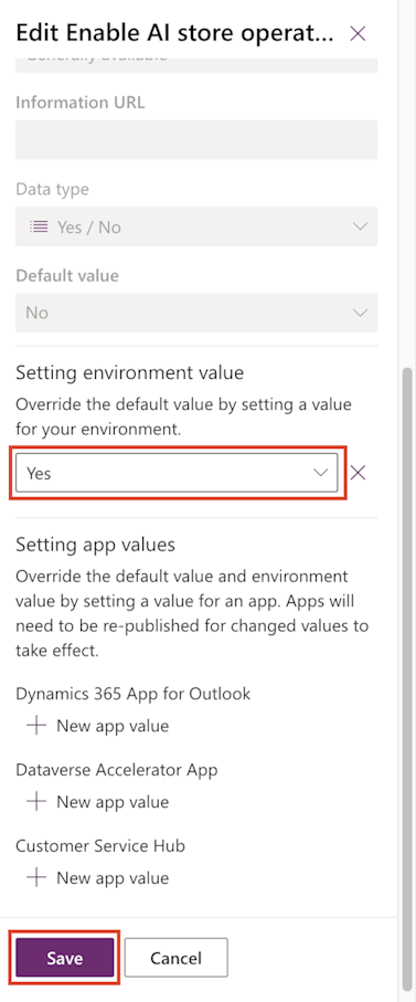 Screenshot of the environment value set to Yes.