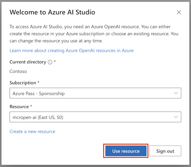 Screenshot of the Subscription and Resource fields with the Use resource button.