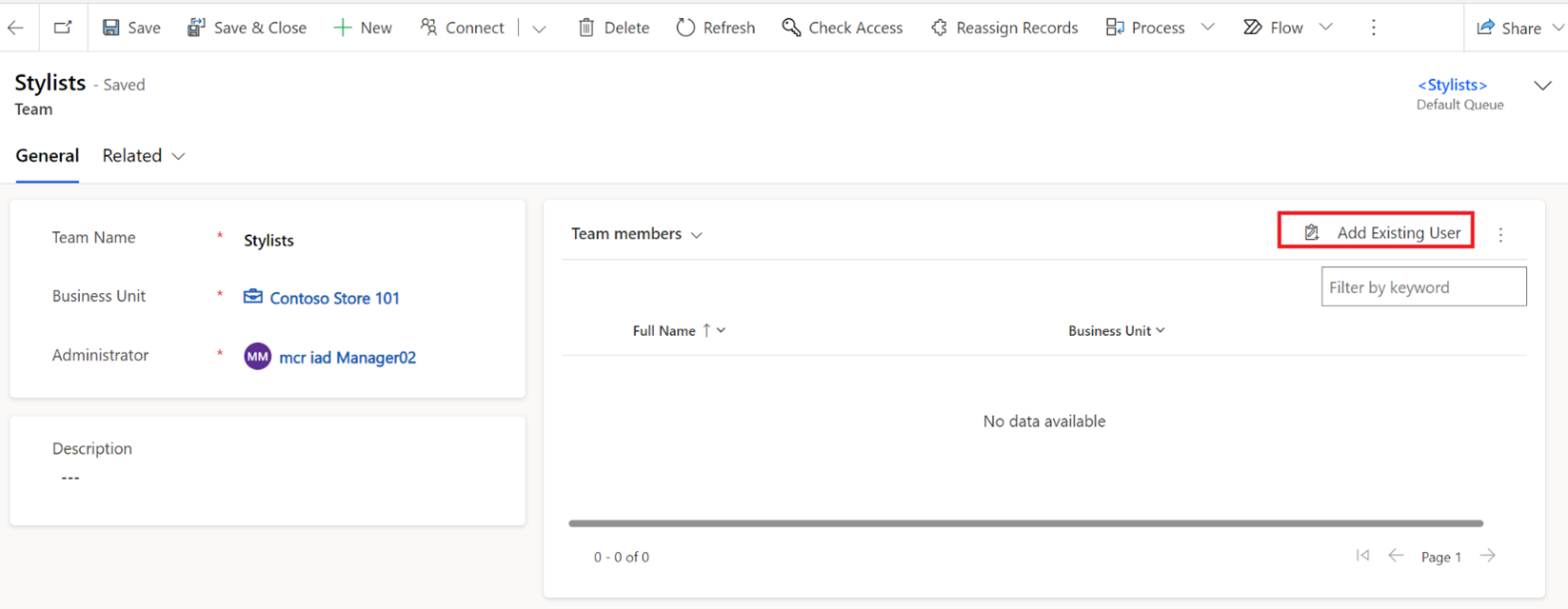 Screenshot of the add existing user to team.