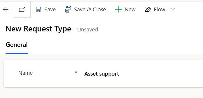 Screenshot of the New Request Type page with name set to Asset support.