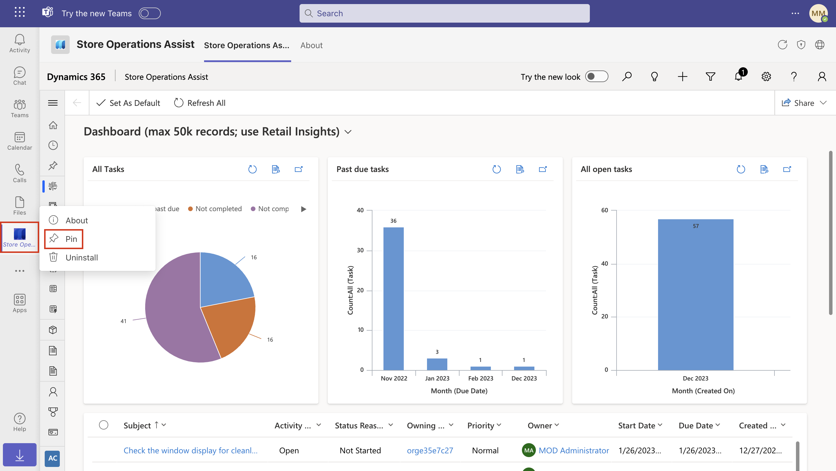 Screenshot of Store Operations Assist Admin pinned on Teams navigation.