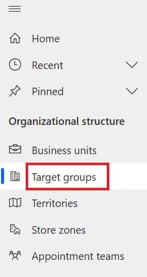 Screenshot of the left navigation pane with Target groups highlighted.