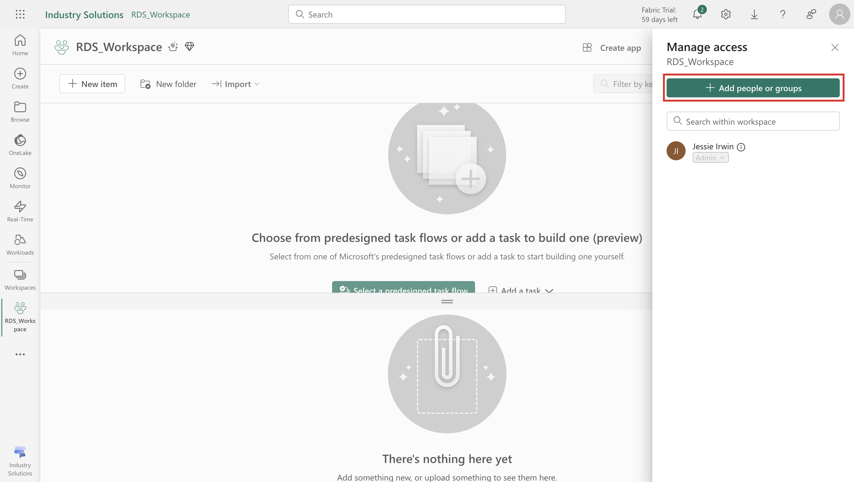 Screenshot of Industry Solutions on the Manage access pane with the Add people or groups button highlighted.