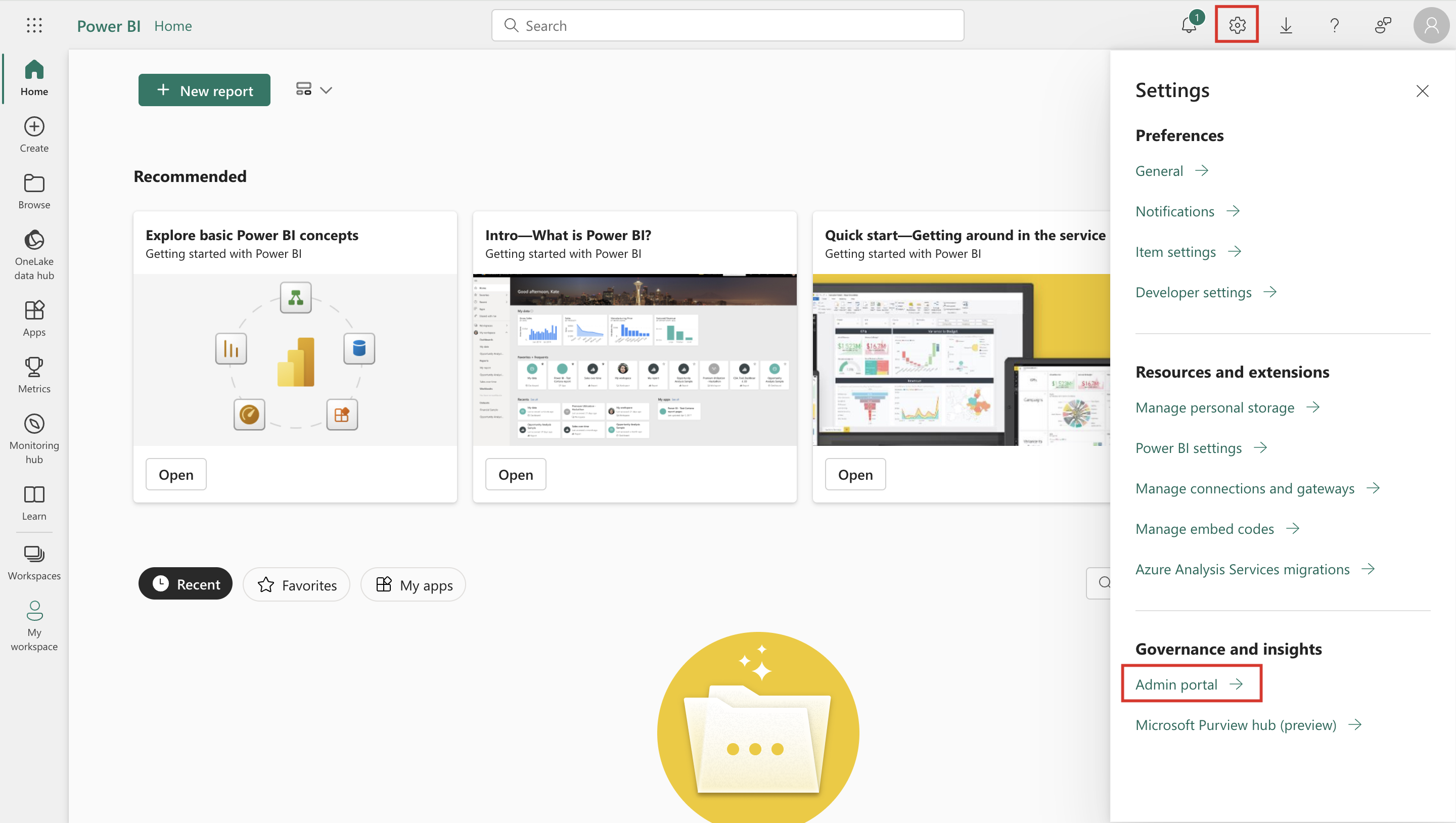 Screenshot of Microsoft Power BI Home page with the settings icon selected and the Admin portal option highlighted.