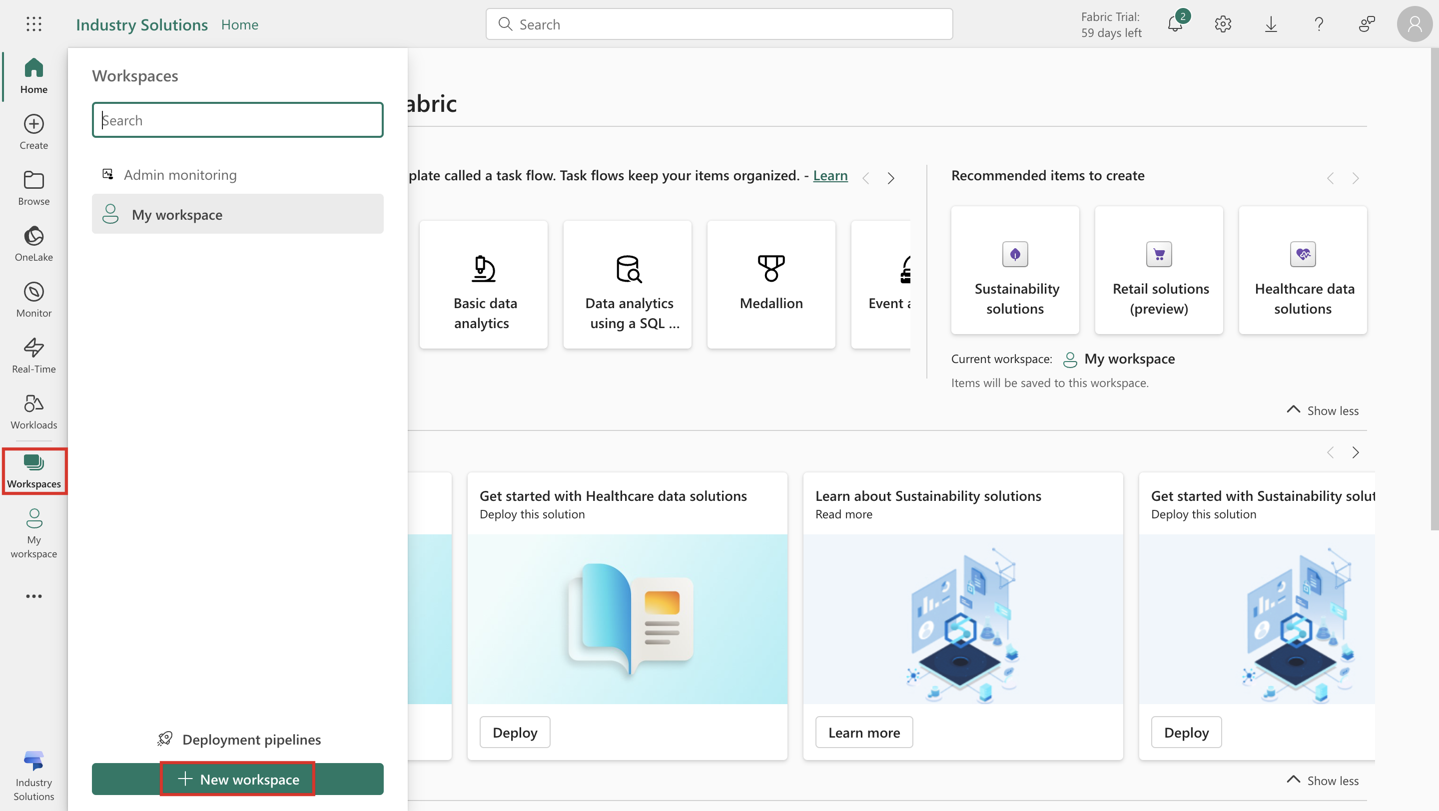 Screenshot of Industry Solutions on the Workspaces page with New workspace highlighted.