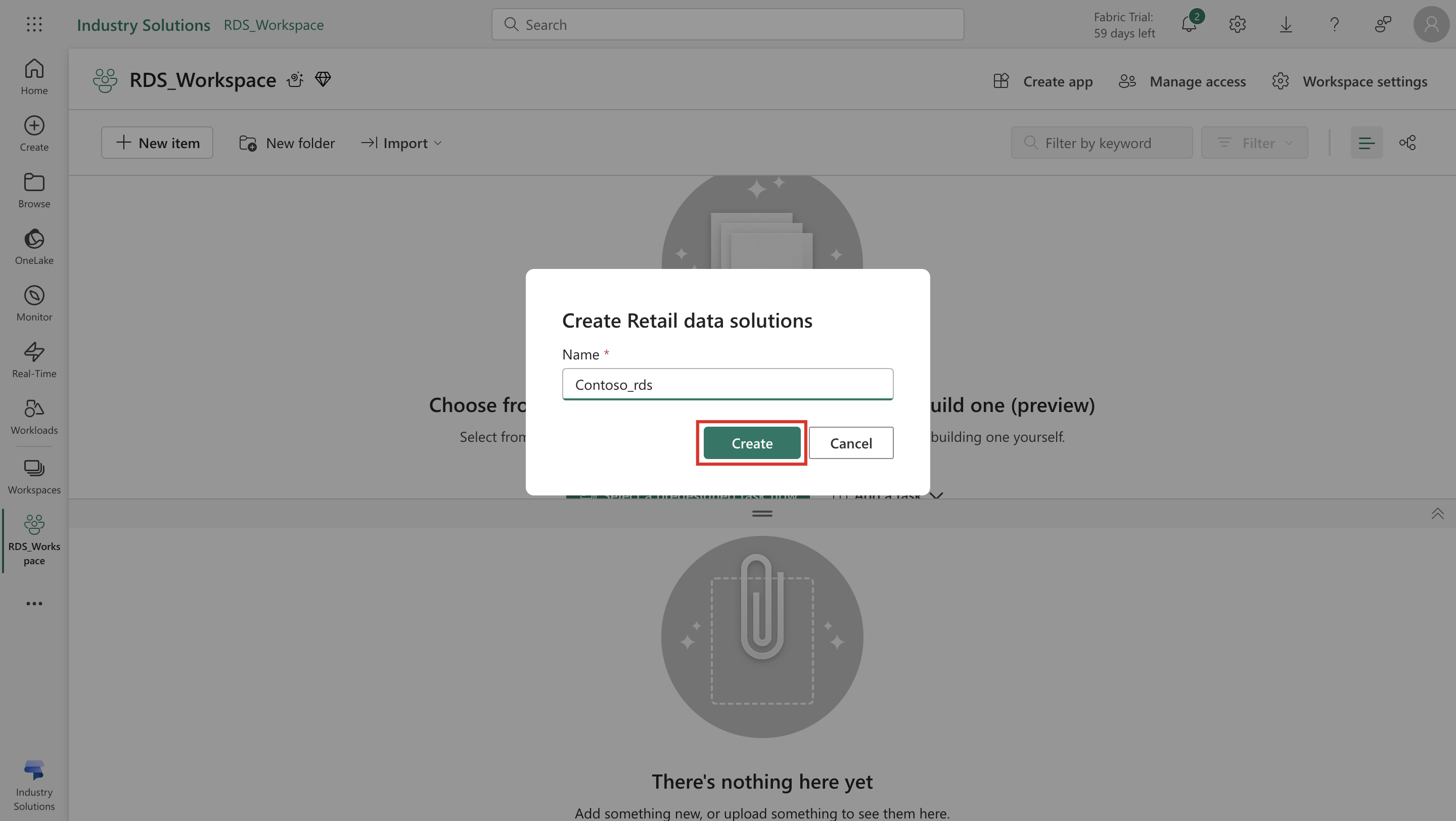 Screenshot of the Create Retail data solutions pop-up window.