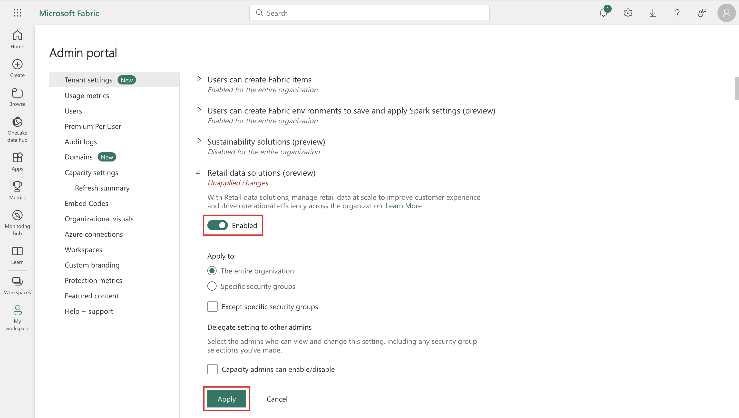 Screenshot of the Microsoft Fabric Admin portal page with Enabled selected under Retail data solutions preview.