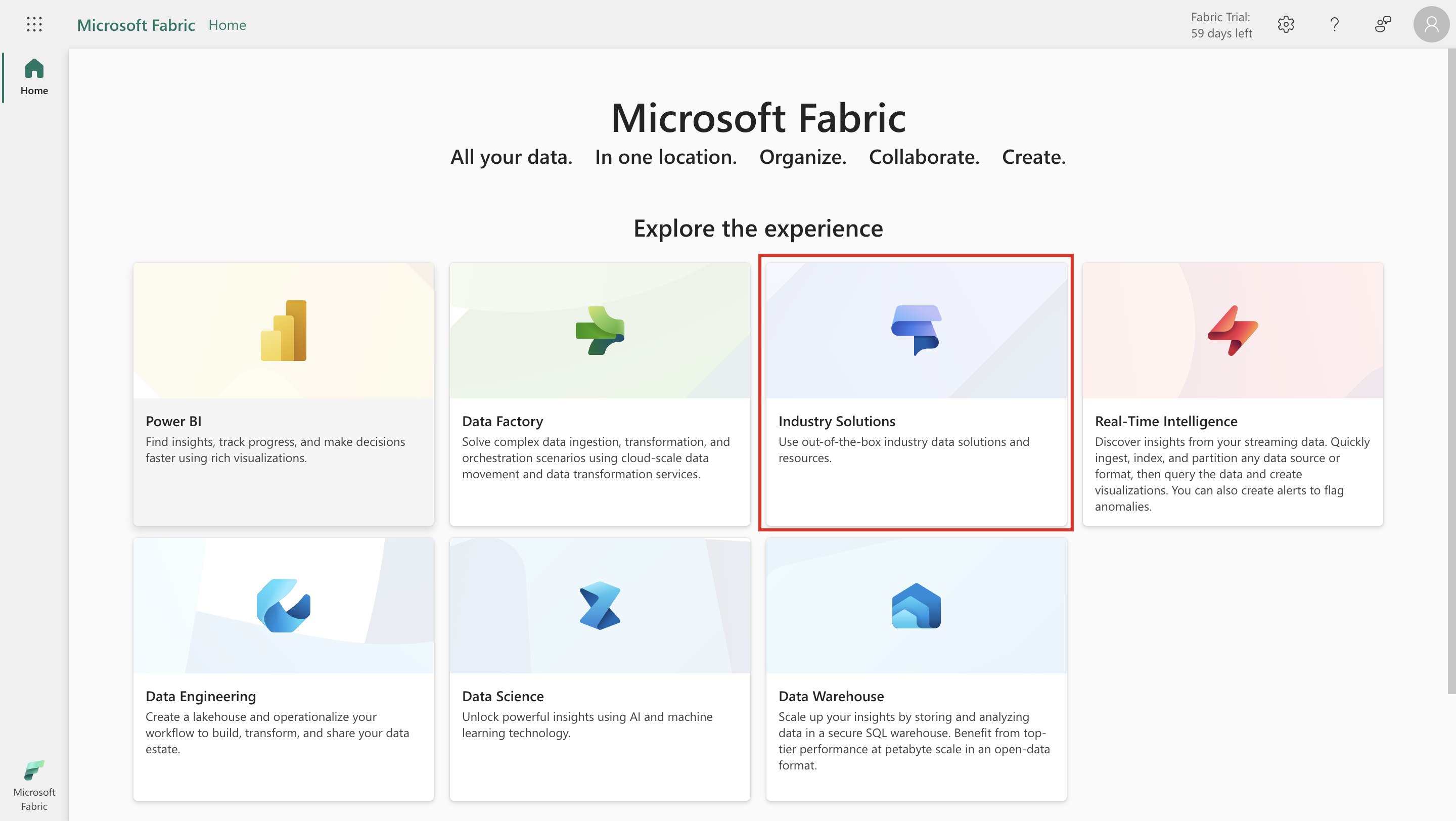 Screenshot of Microsoft Fabric with the Industry Solutions card highlighted.