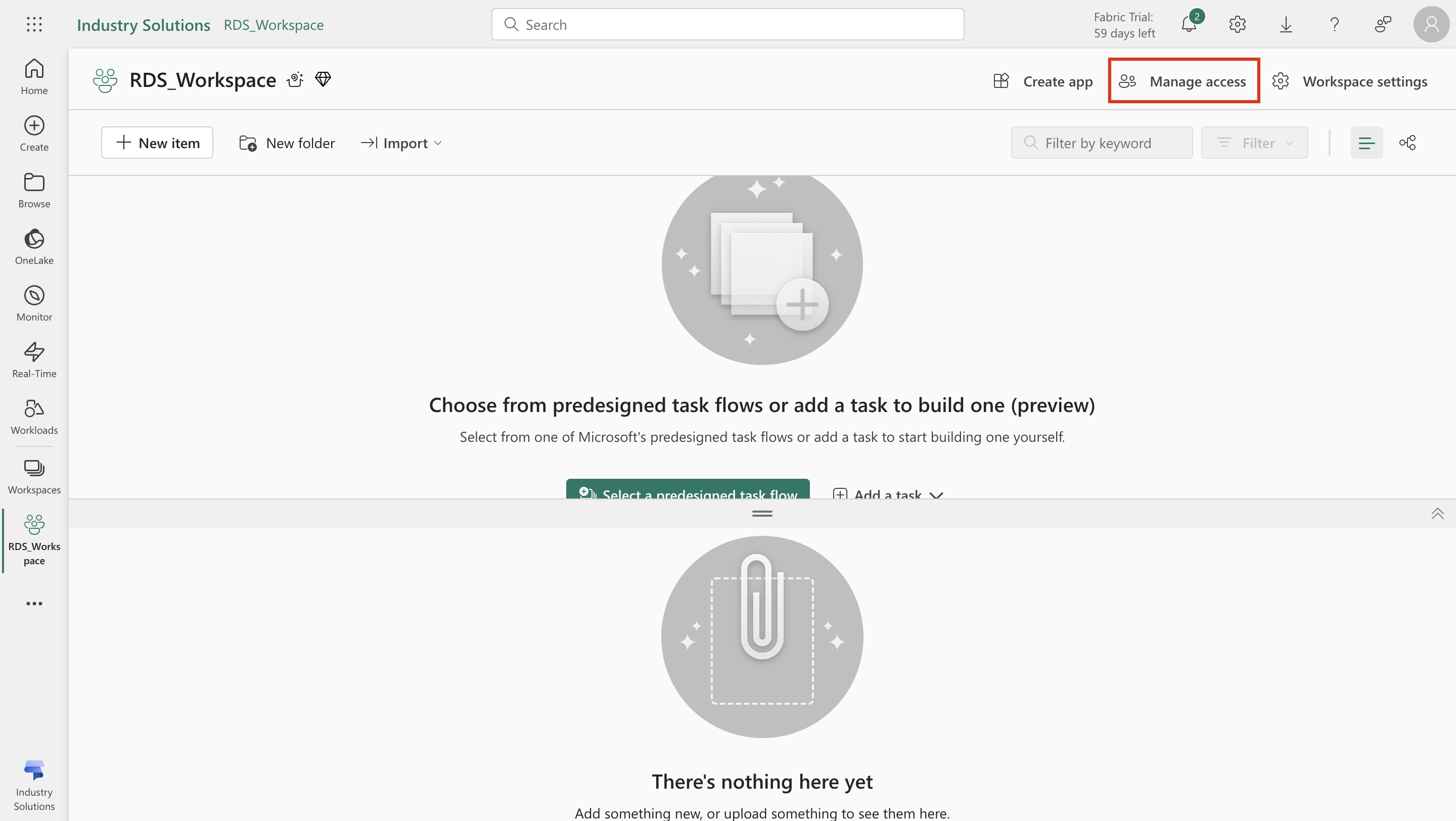 Screenshot of Industry Solutions on the F B T workspace page with Manage access highlighted.