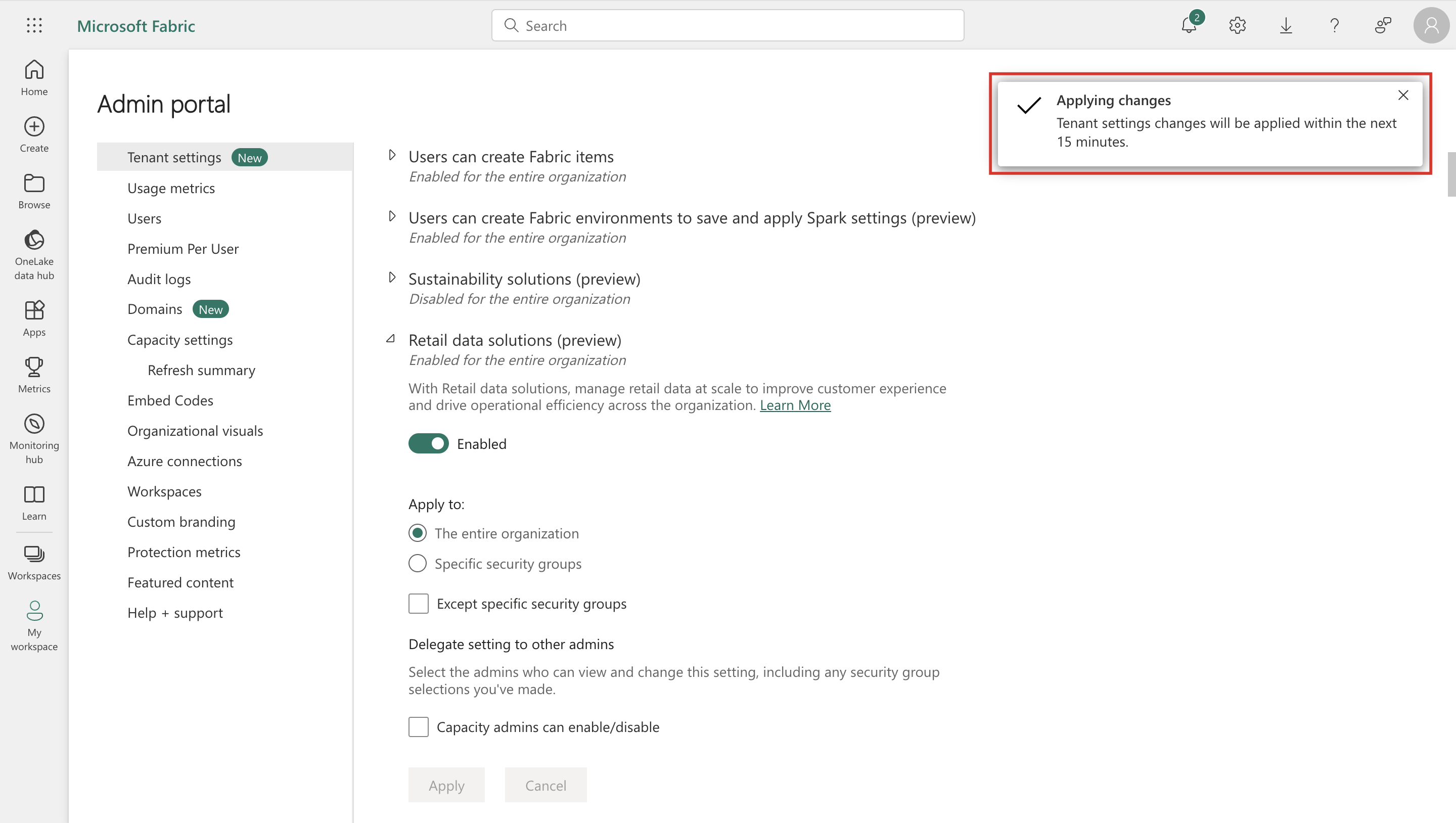 Screenshot of the Microsoft Fabric Admin portal page with the Applying changes notification highlighted.