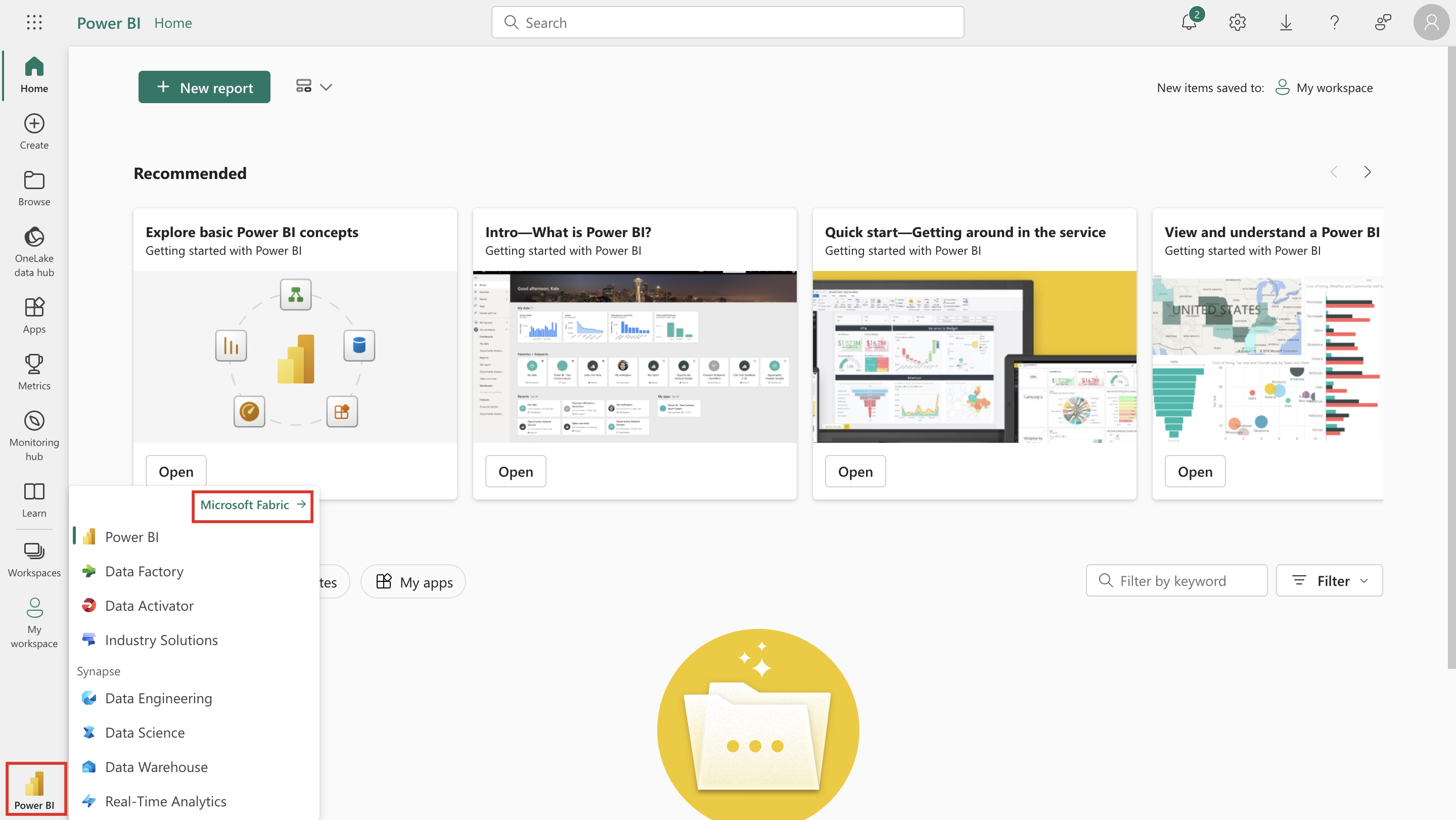 Screenshot of Power BI on the Home page with the Power BI icon selected to reveal the Microsoft Fabric option.