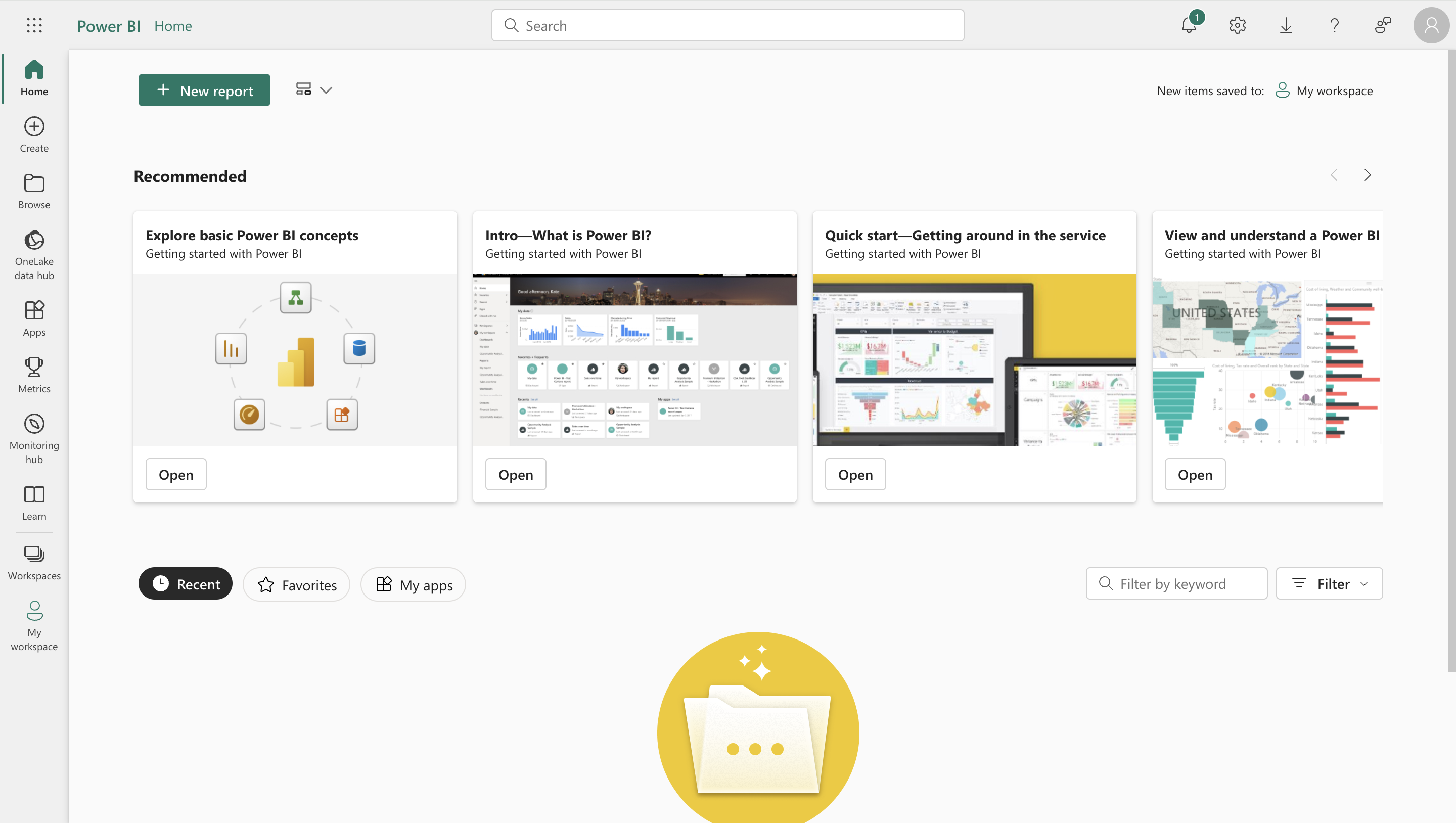 Screenshot of the Microsoft Power BI Home page.