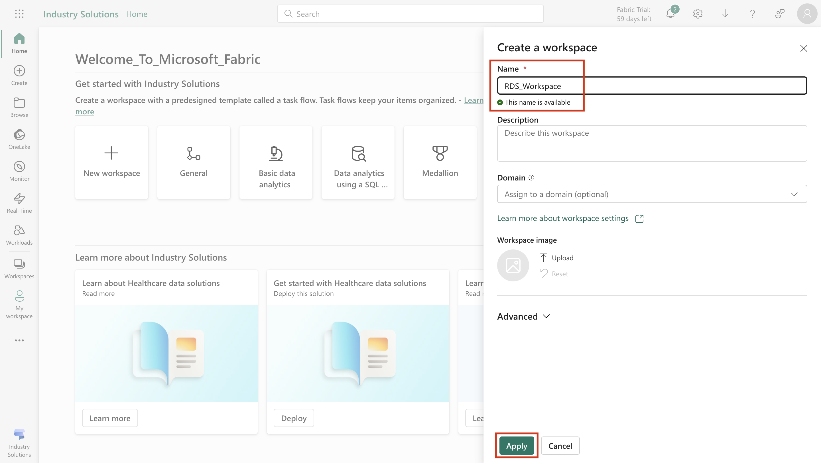 Screenshot of Industry Solutions on the Create a workspace pane with the name set to R D S workspace.