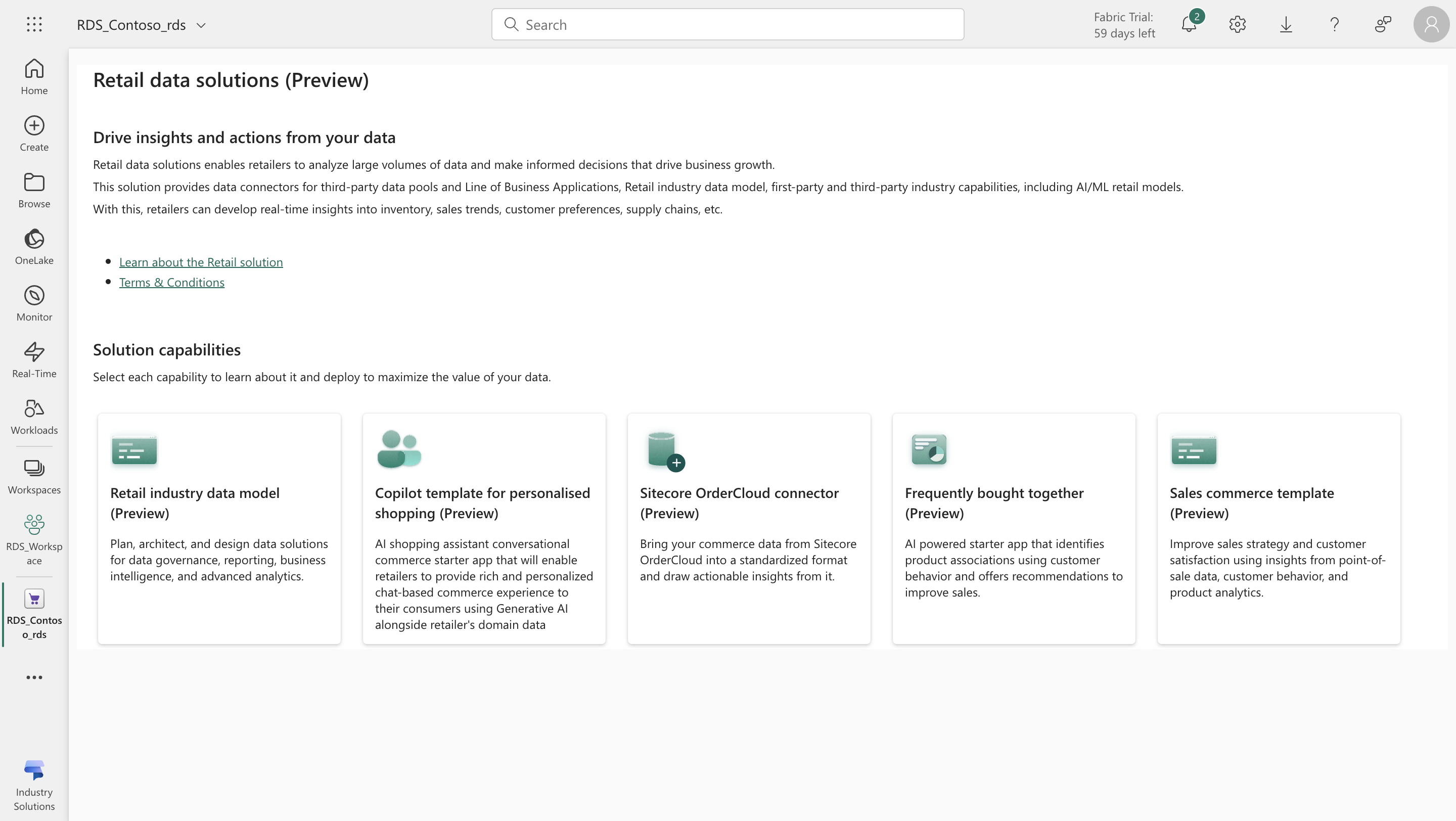 Screenshot of Retail data solutions preview showing an array of Solution capabilities.