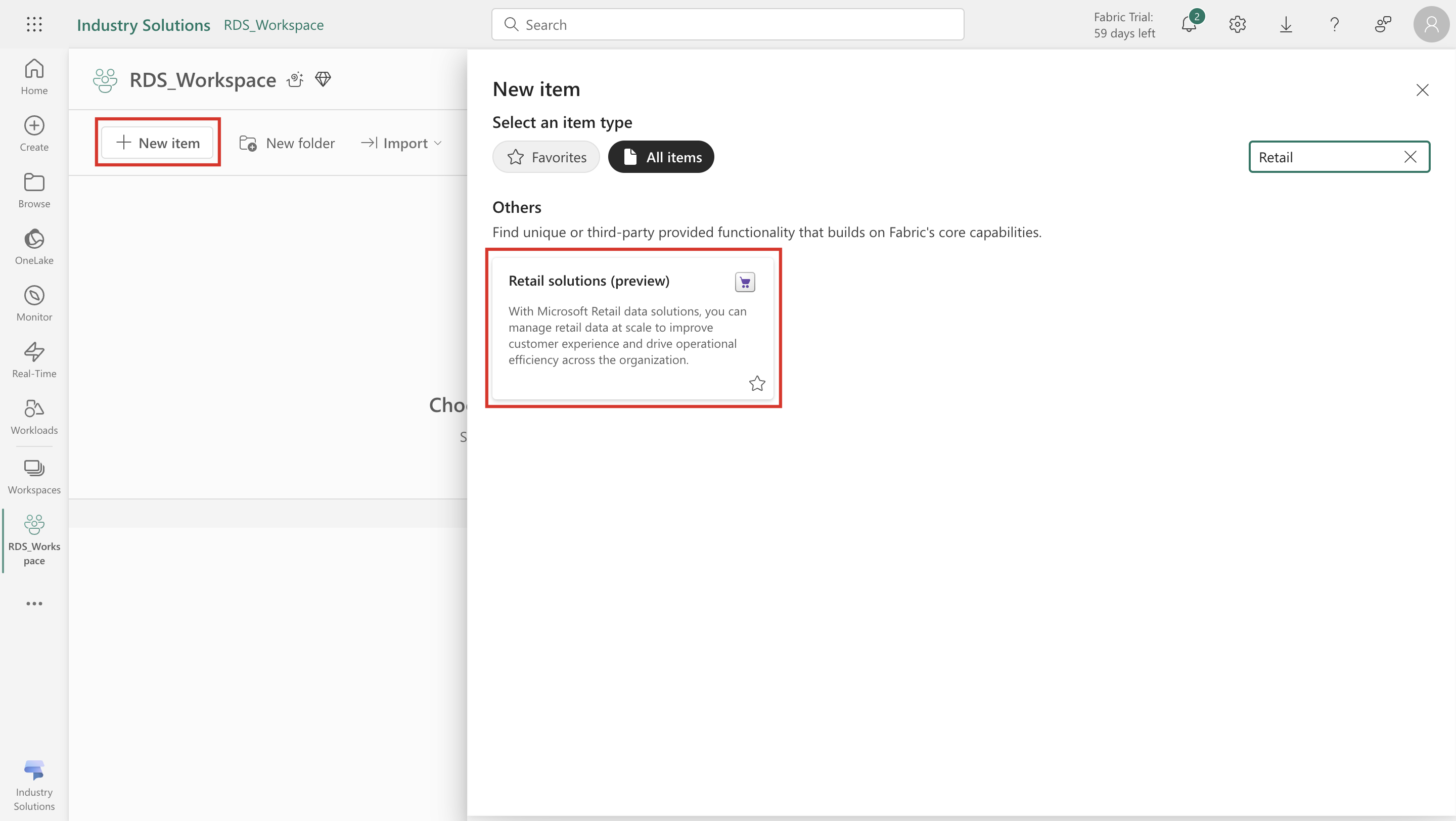 Screenshot of Industry Solutions on the F B T workspace page with New selected to reveal the Retail solutions (preview) page.